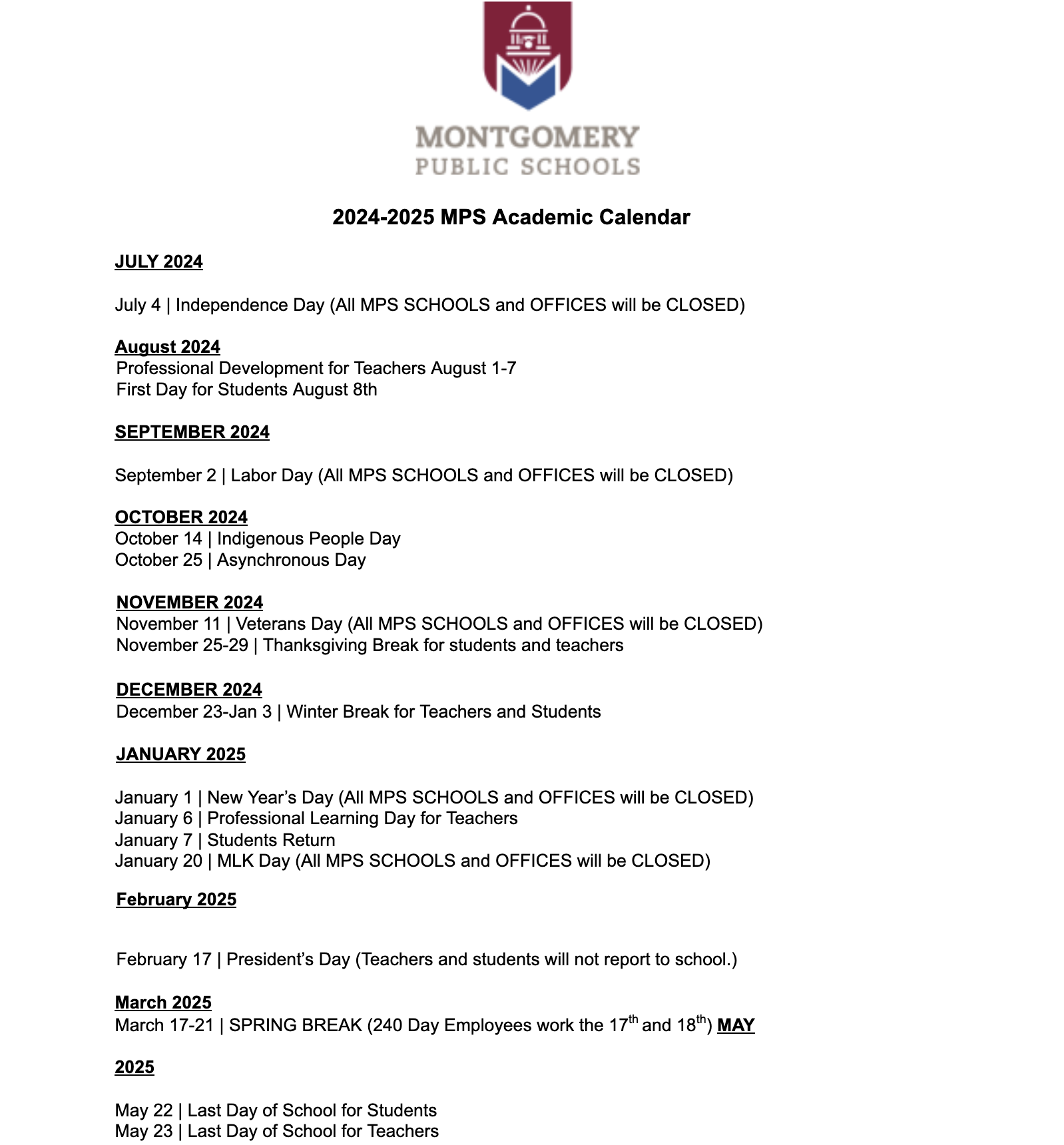 August School Calendar 2025