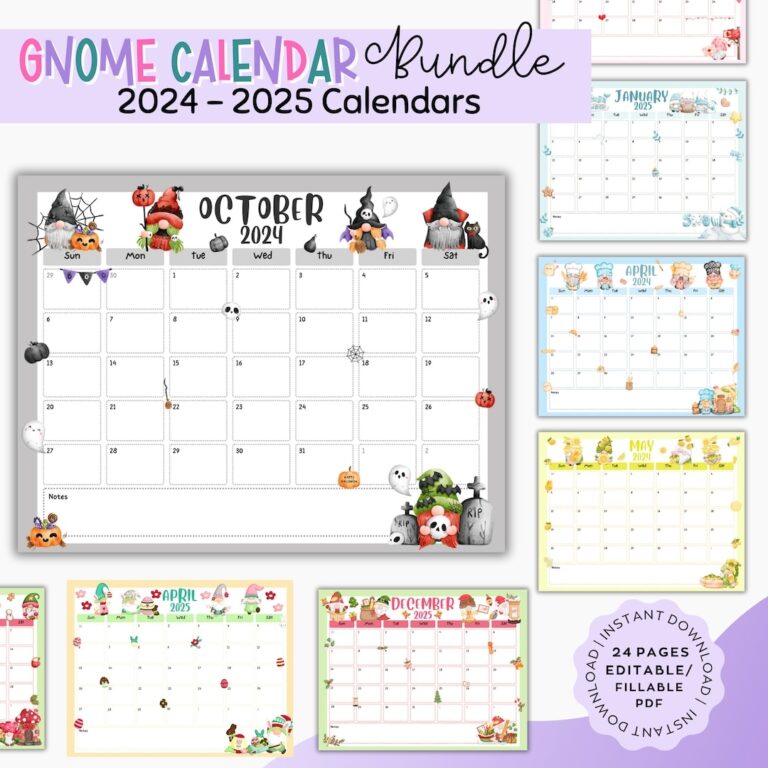 2024 2025 Gnome Calendar Bundle EDITABLE FILLABLE Gnome Themed Monthly Calendar Printable Calendar Instant Download