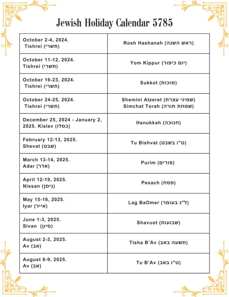 2024 2025 Jewish Holiday Calendars Printable