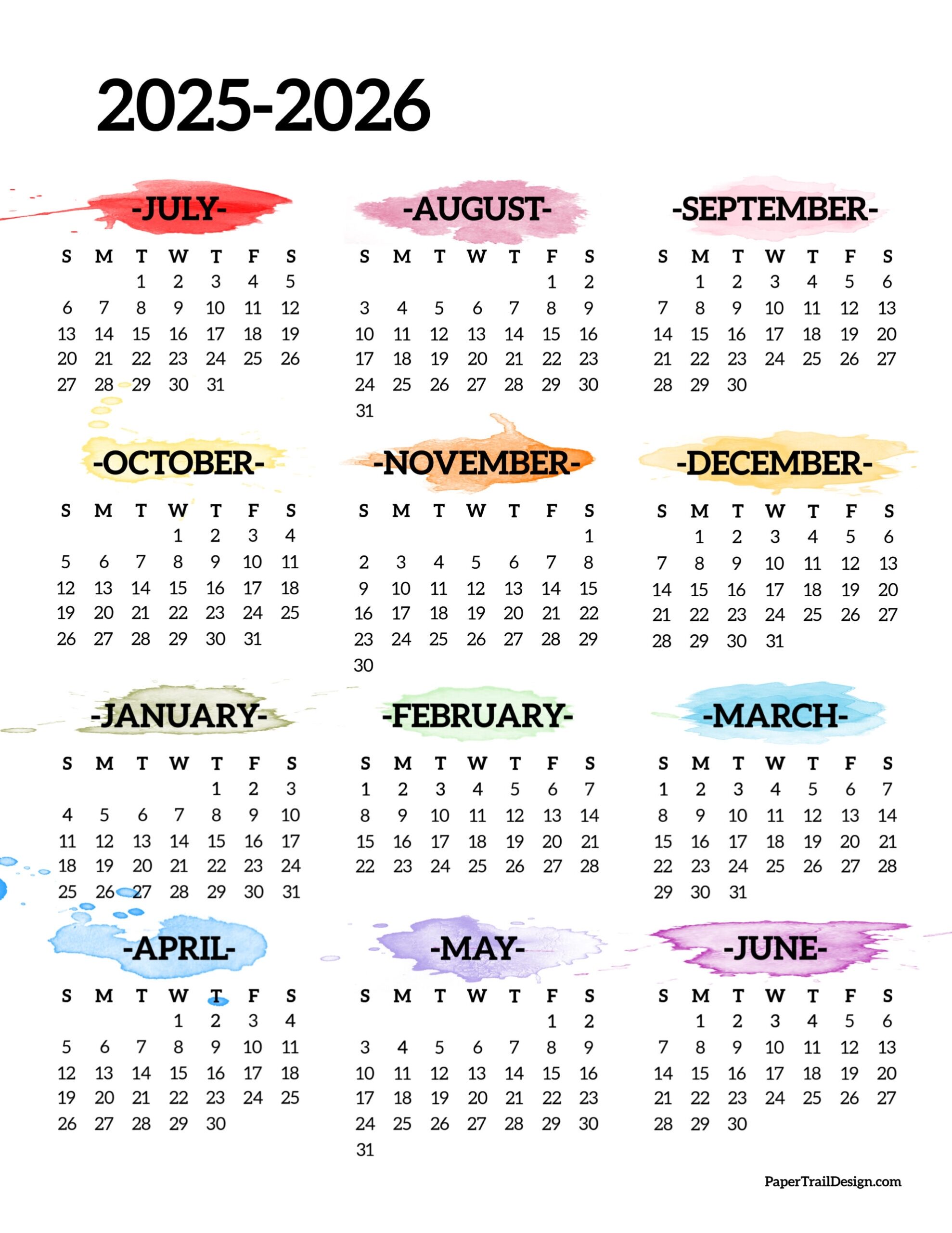 2025 2026 School Year Calendar Free Printable Paper Trail Design
