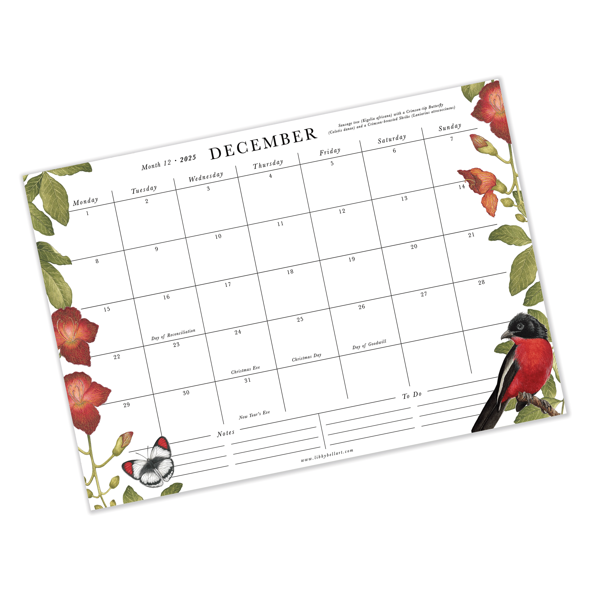 2025 A3 Large Deskpad Calendar Indigenous Birds Butterflies And Flowering Trees Of South Africa Libby Bell Art