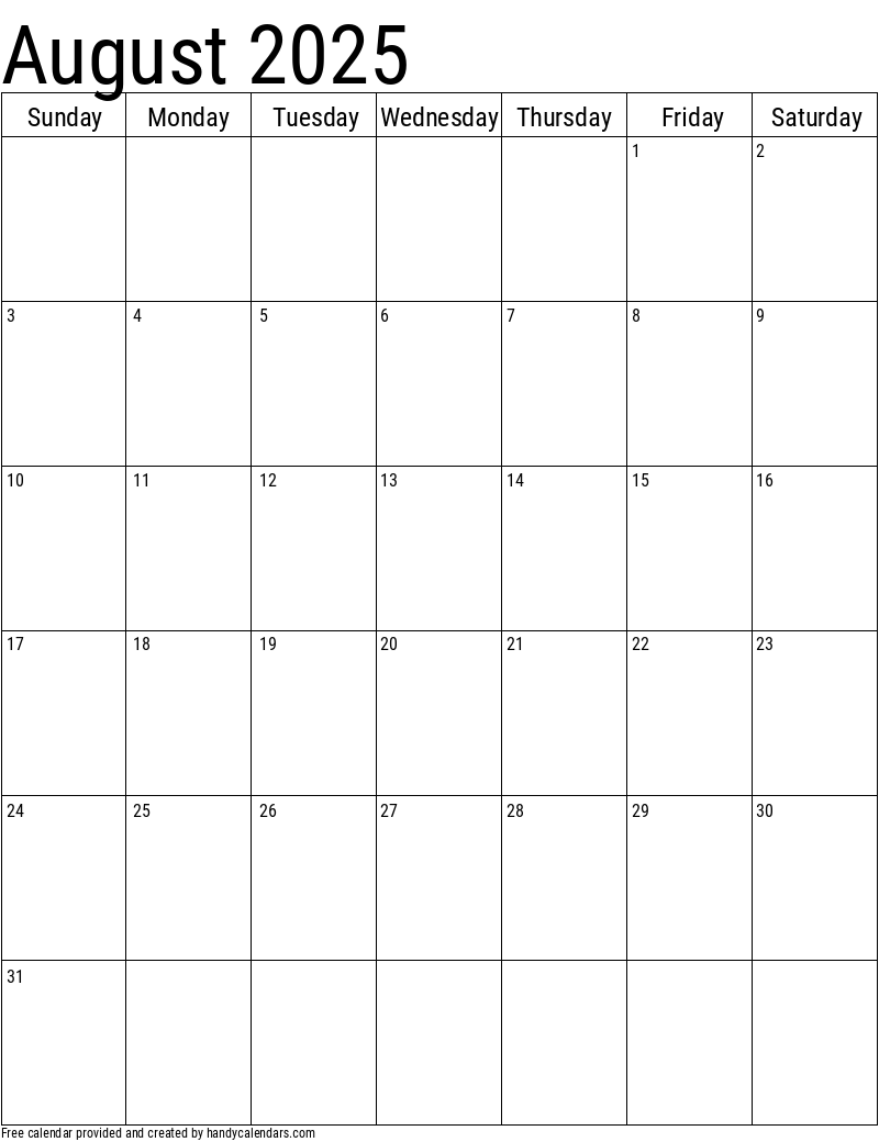 2025 August Calendars Handy Calendars