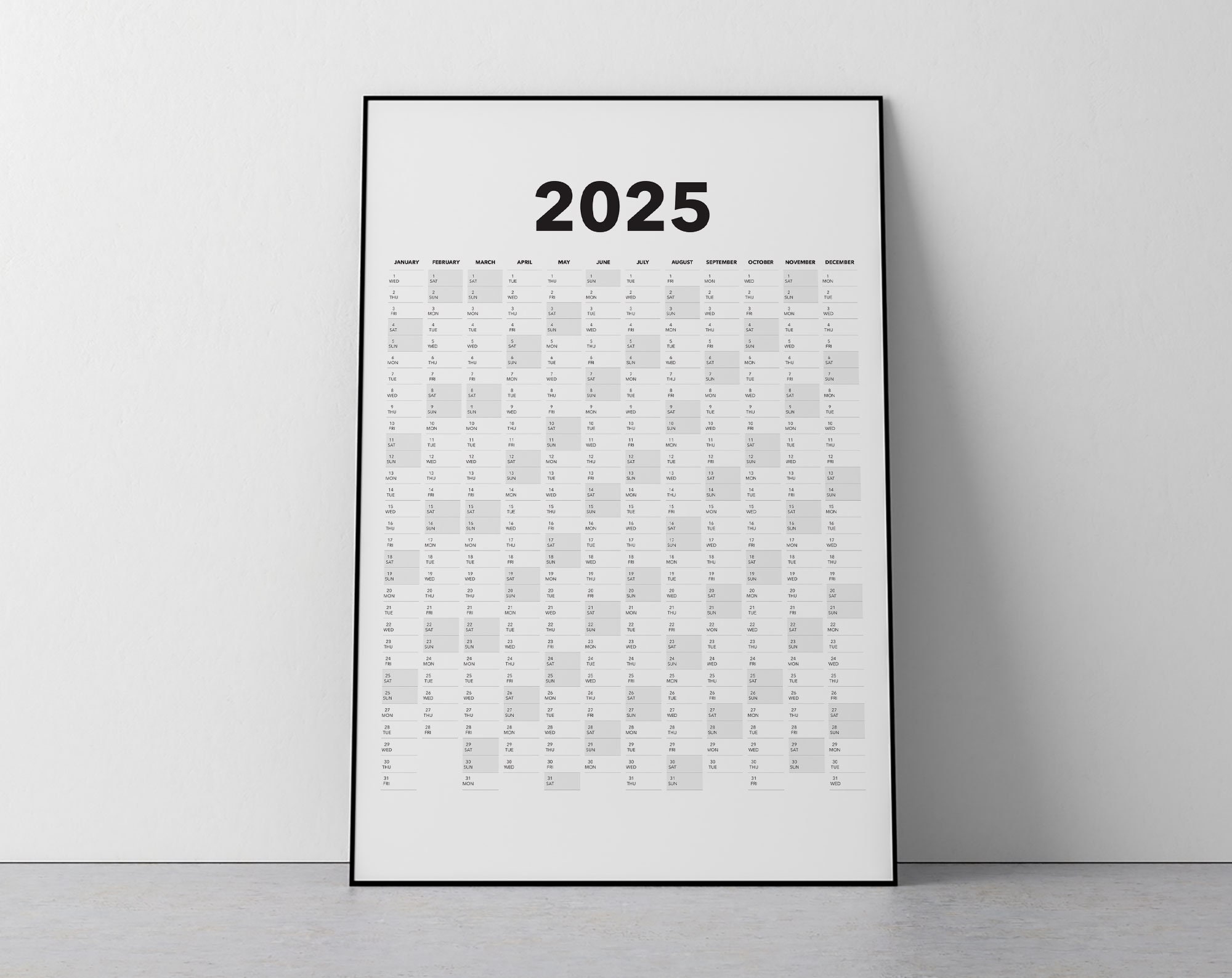 2025 Calendar Blank Vertical Yearly View Extra Large Wall 