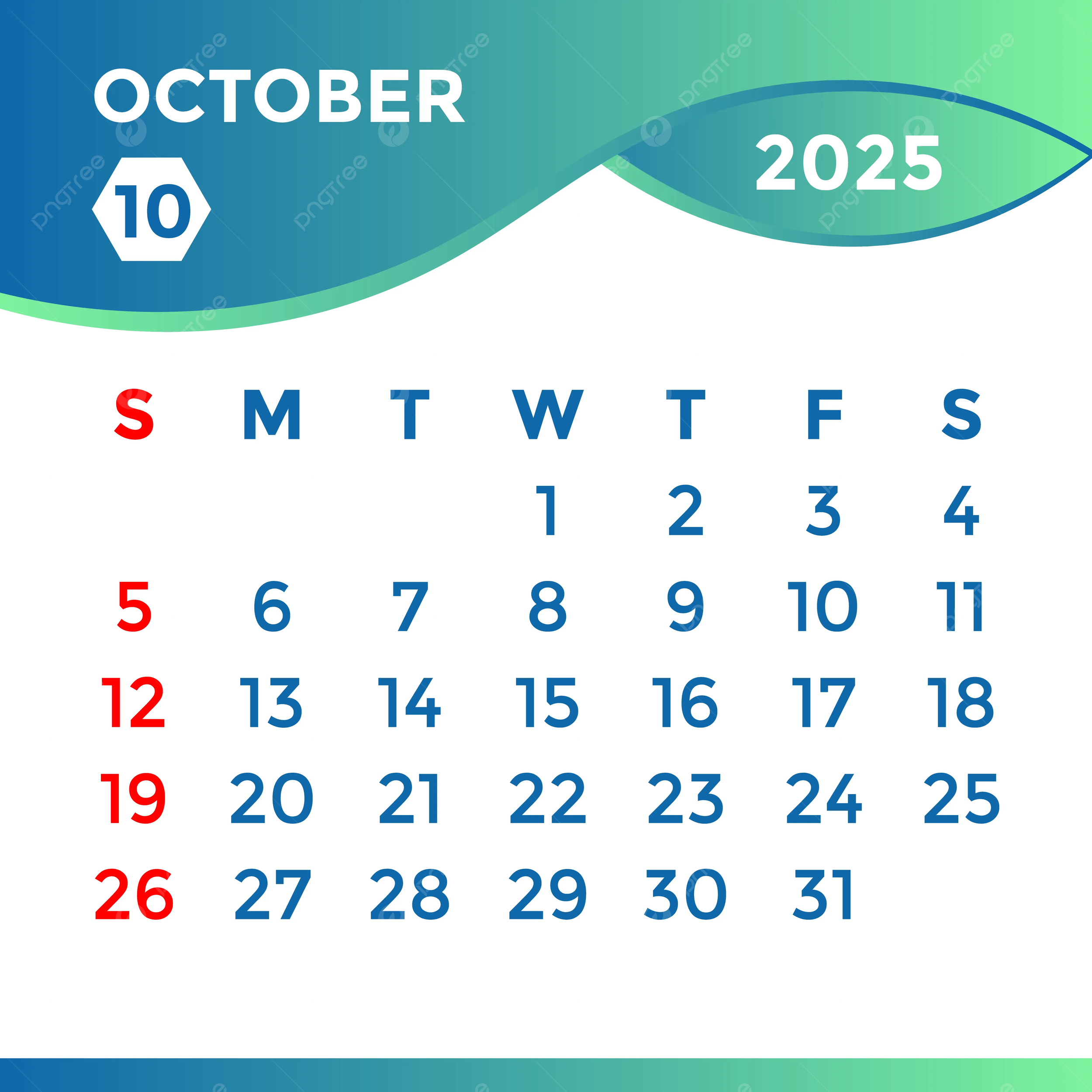 2025 Calendar October Month Vector Template Download On Pngtree