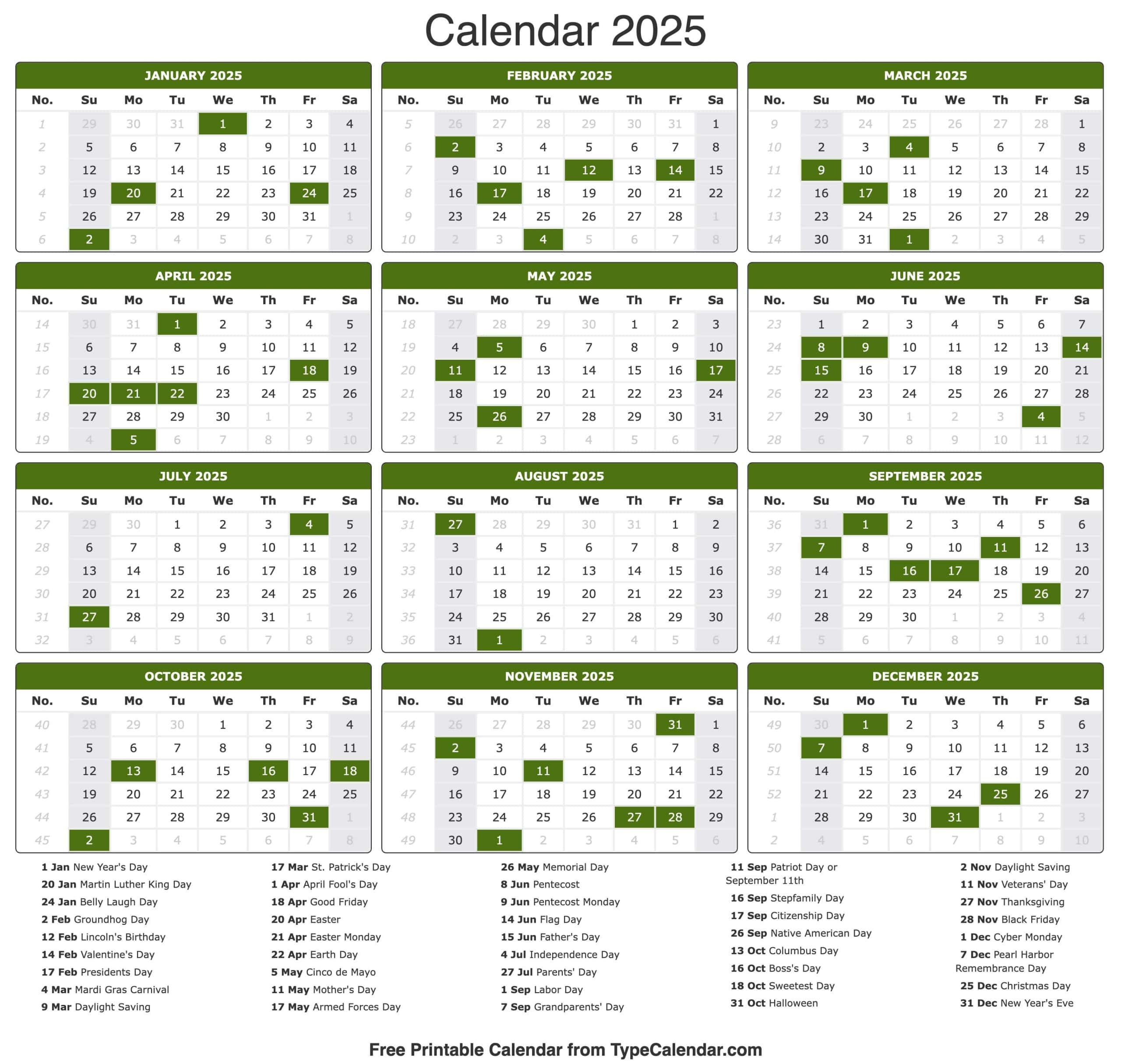 2025 Calendar Printable Calendar 2025 With Holidays
