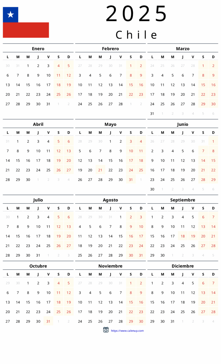 2025 Calendar Printable With Holidays For Chile CalenUP