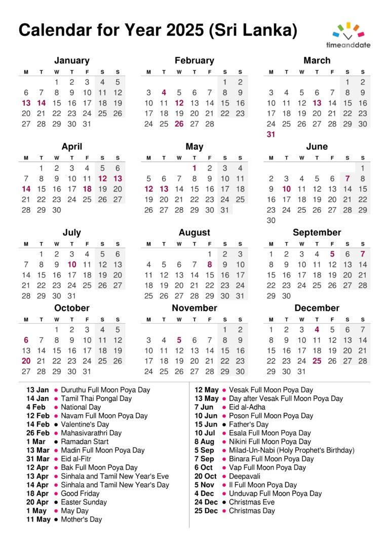 2025 Calendar Sri Lanka Printable PDF Sinhala Tamil English Calendar With Holidays Free Download With SL Government Desk Calendar With Poya Day Jobguide lk