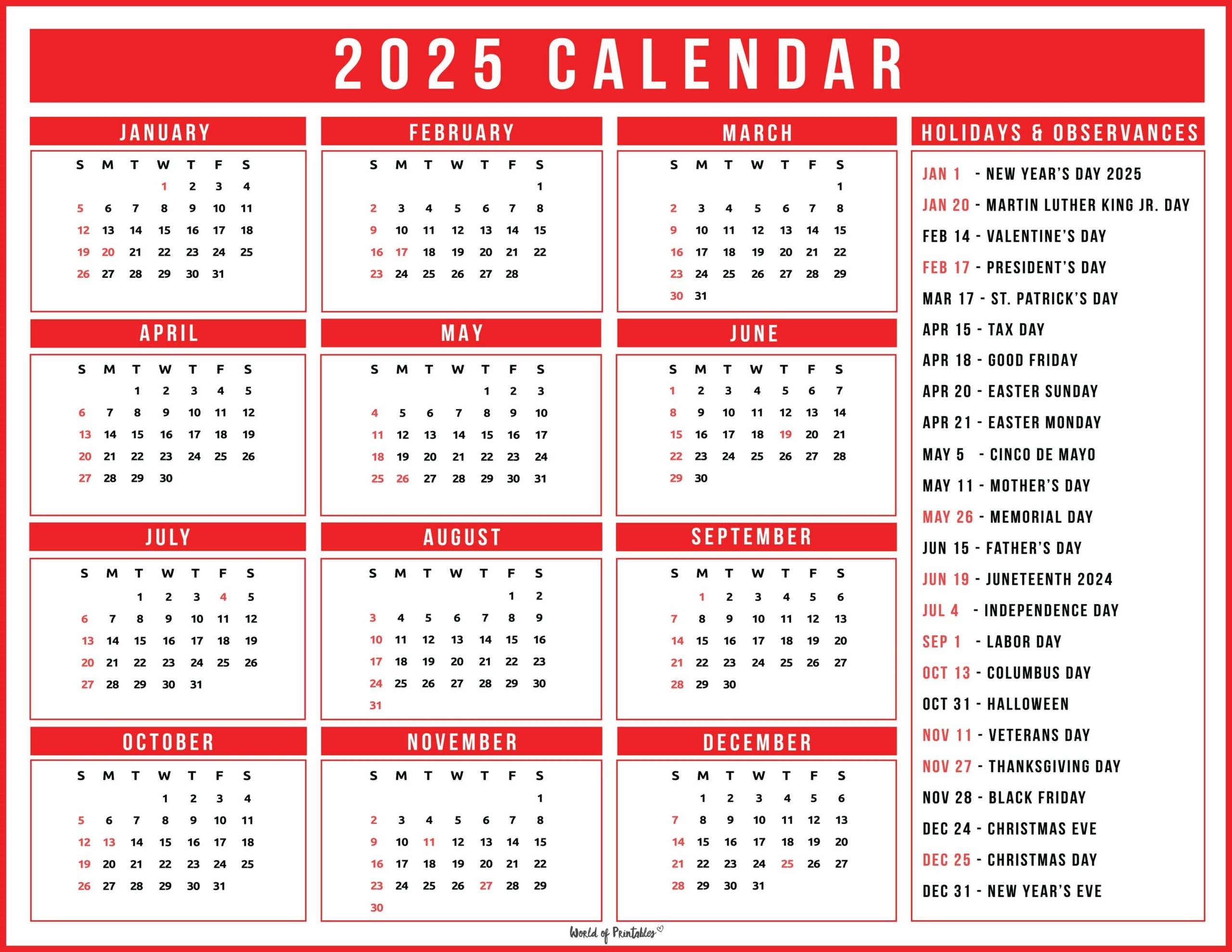December 2025 Calendar Holidays List