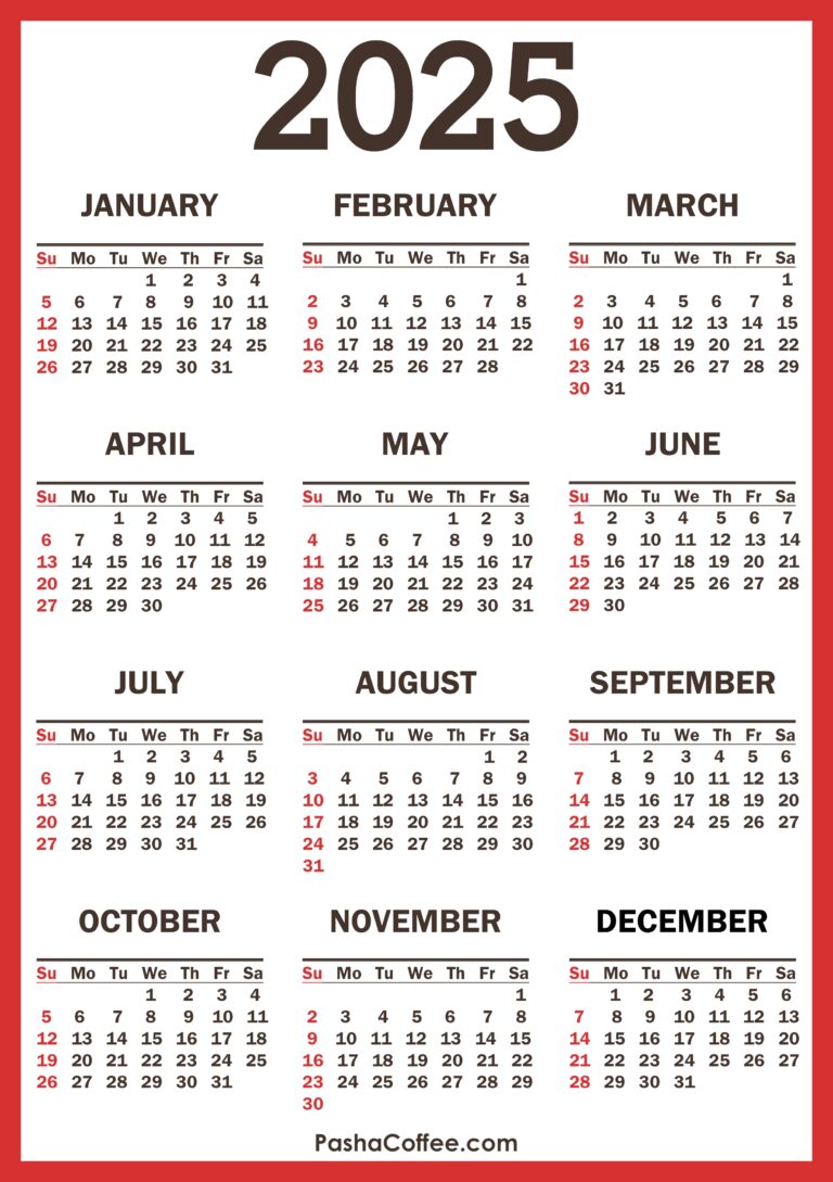 2025 Calendar With Holidays Printable Free Vertical Red PashaCoffee