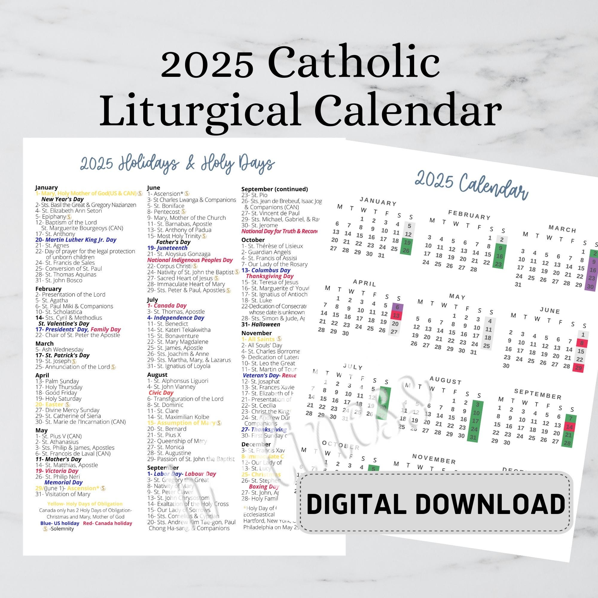 2025 Catholic Calendar DIGITAL DOWNLOAD Instant Download Etsy