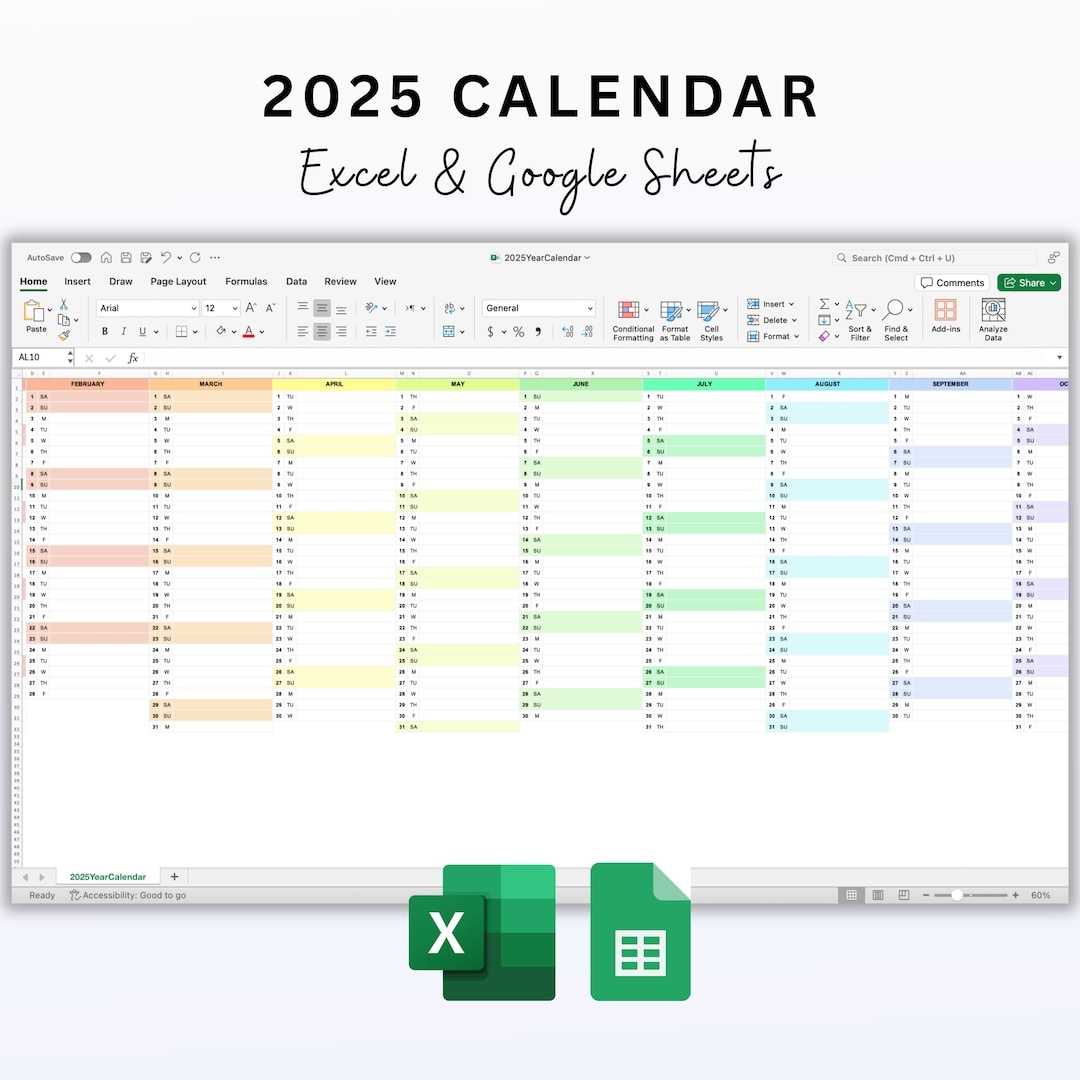 2025 Excel Calendar U0026 Google Sheets Monthly Calendar 2025 Year 