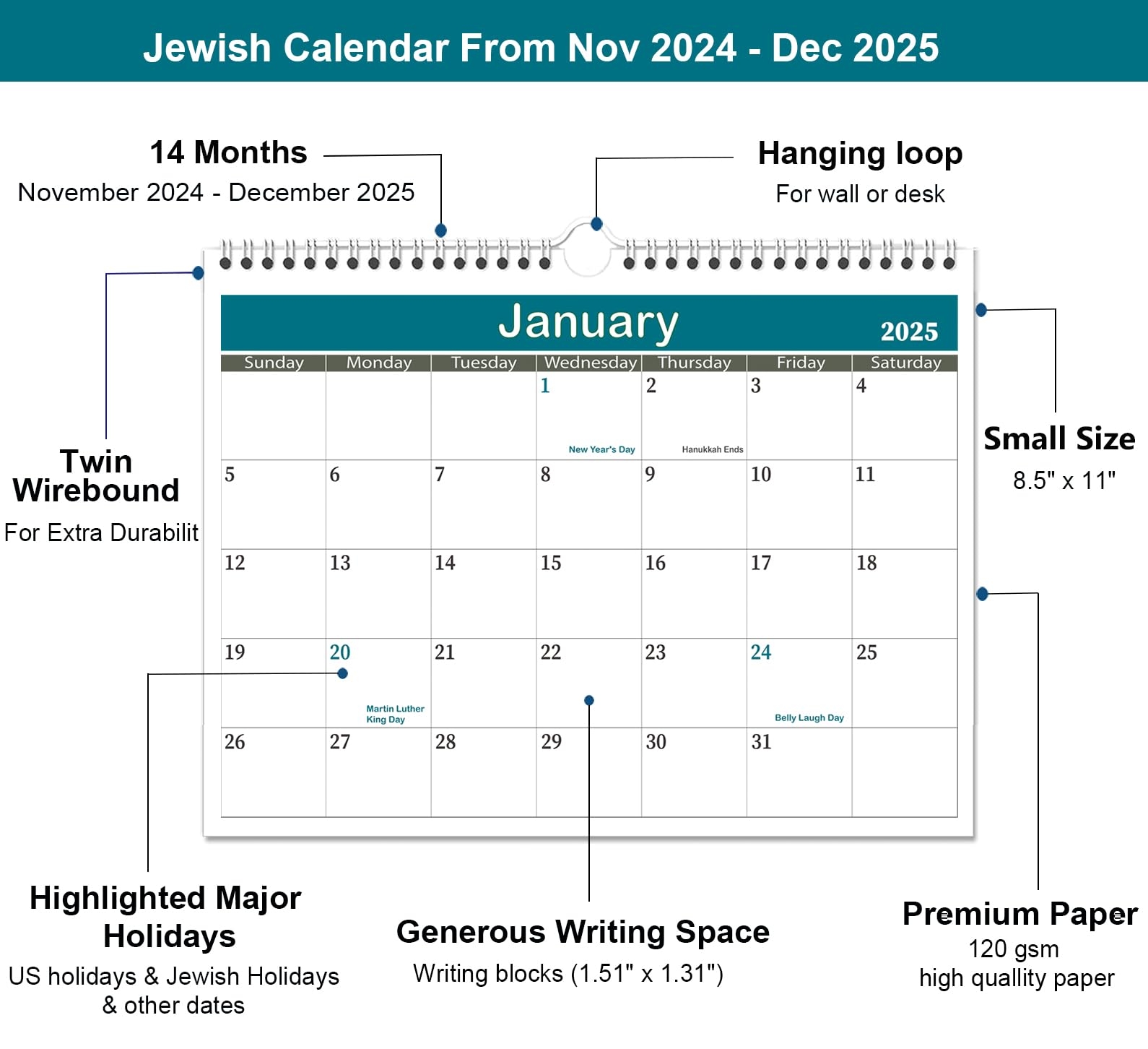 2025 Jewish Calendar Runs From Now Until December 2025 8 5 X 11 2024 2025 Jewish Wall Calendar With US And Jewish Holidays Four Different Color 