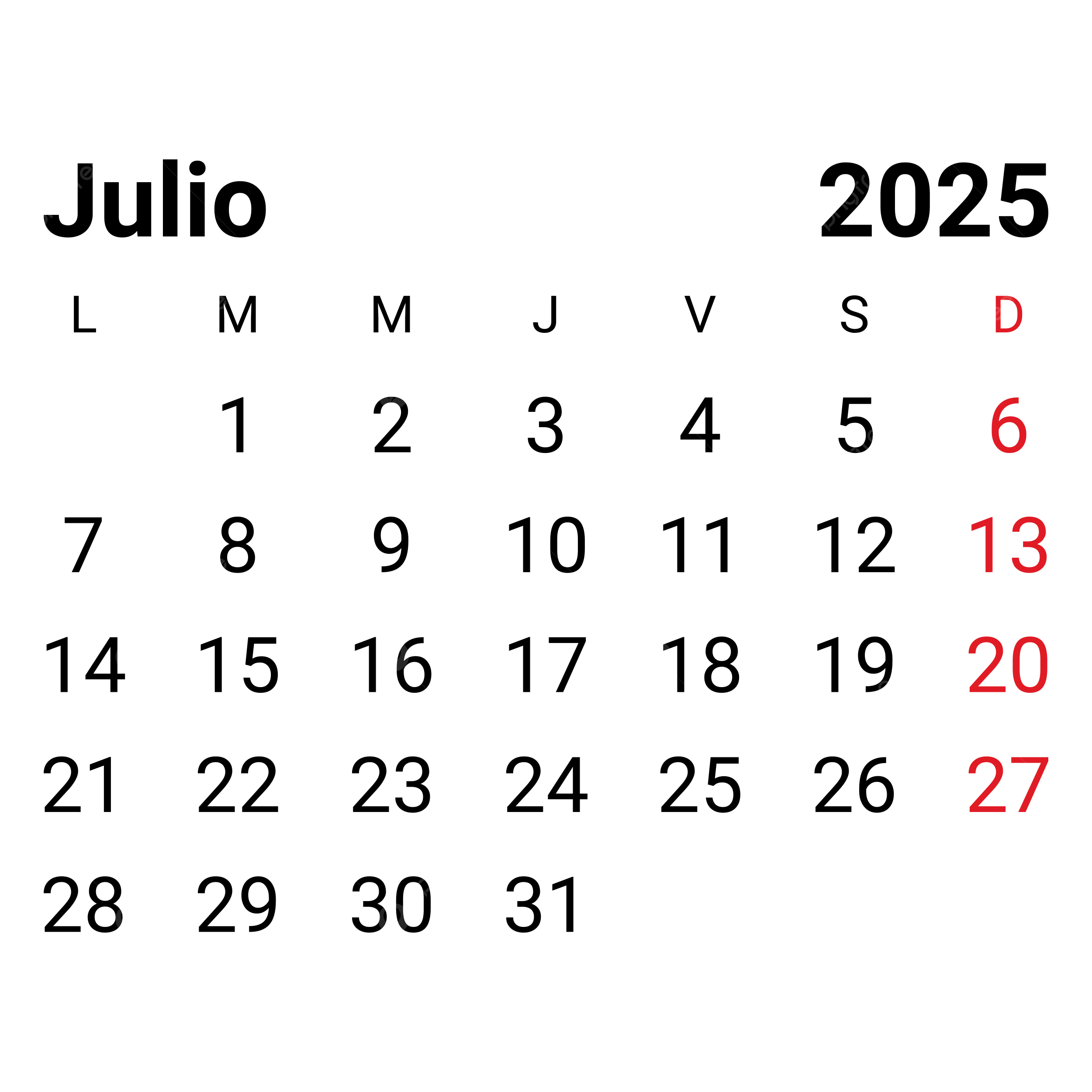2025 July Spanish Monthly Calendar Vector 2025 July Spanish 