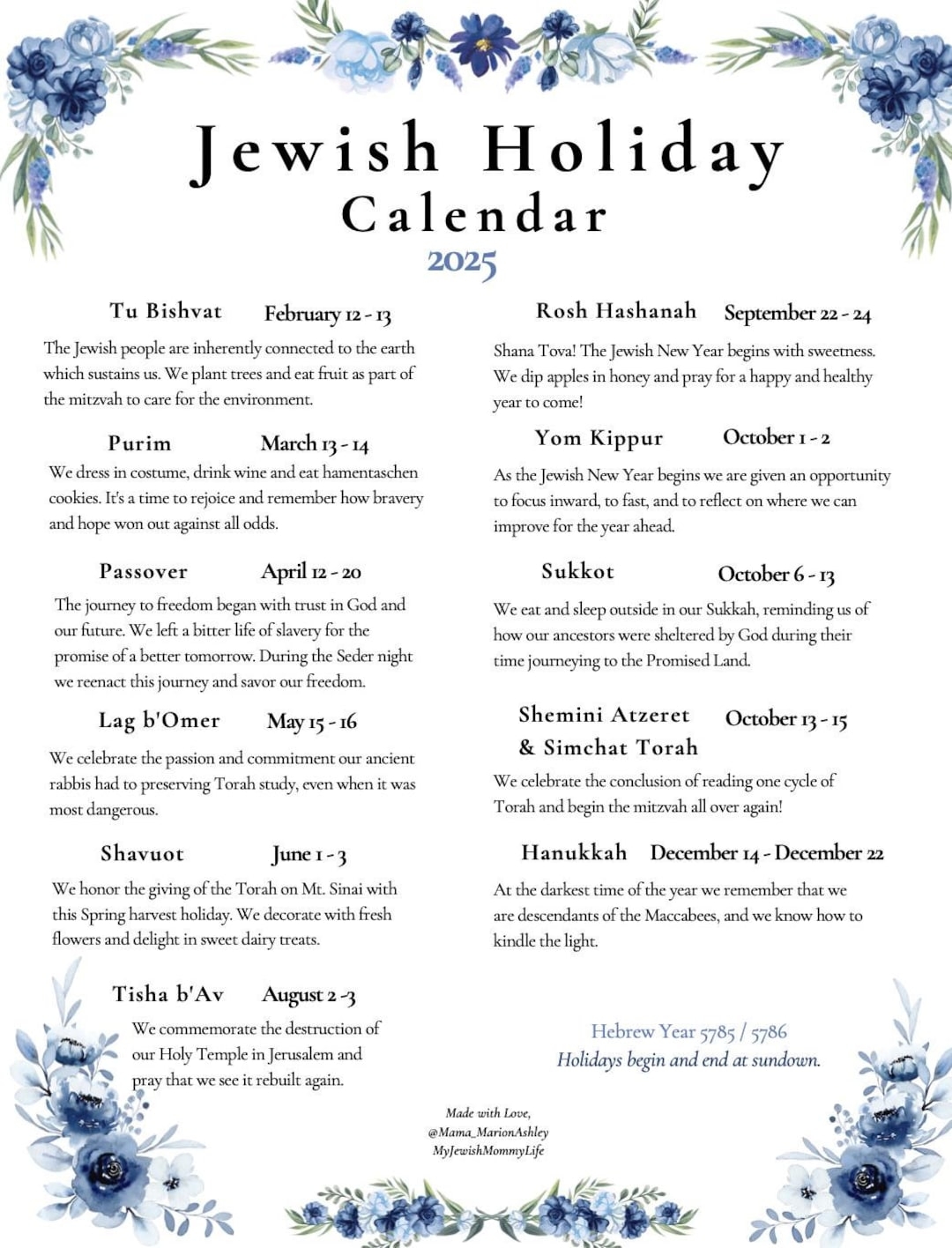 December 2025 Jewish Calendar