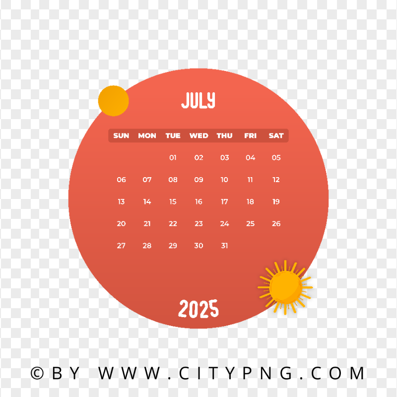 2025 New Year July Monthly Calendar Date Citypng