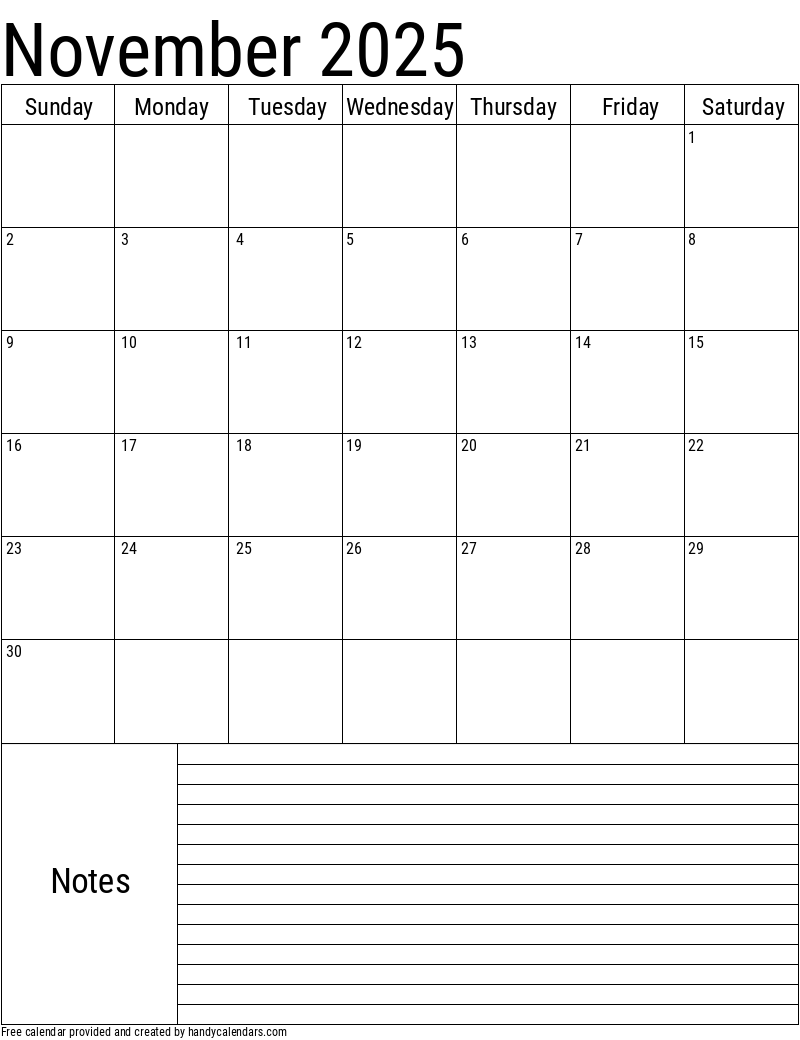 November 2025 Calendar Days