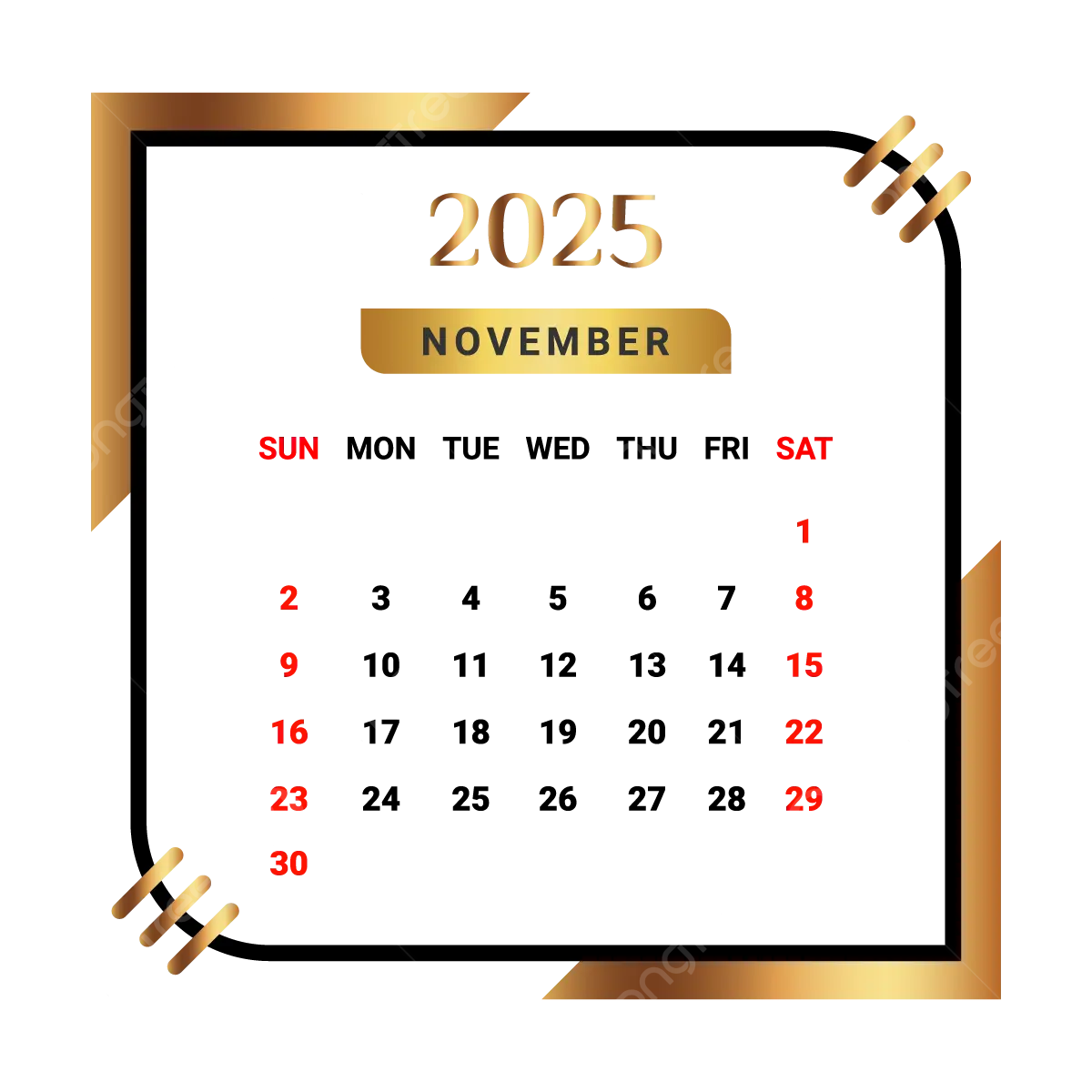 2025 November Month Calendar With Black And Golden Vector Monthly Calendar Calendar November 2025 PNG And Vector With Transparent Background For Free Download