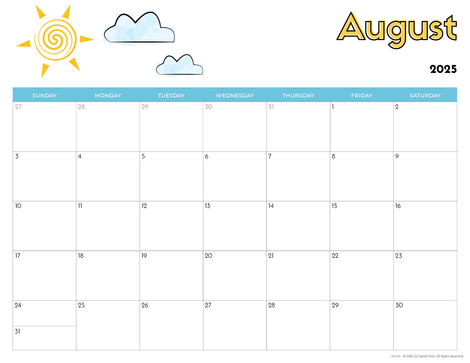 August Calendar 2025 Kids
