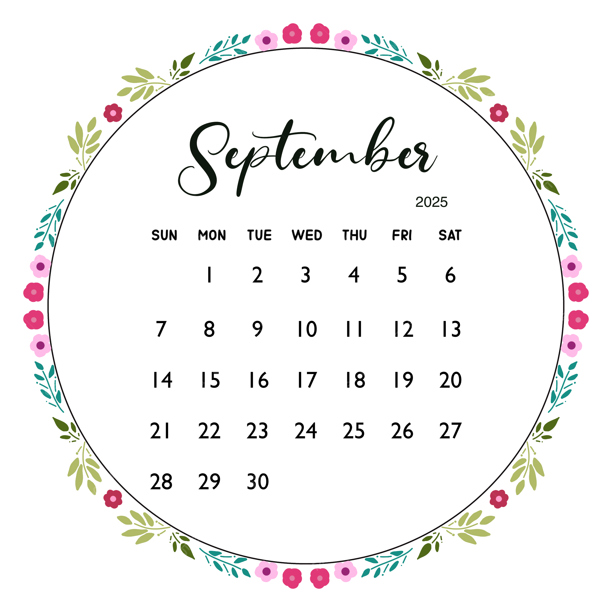 2025 September Month Calendar With Circle Flower Frame 2025 
