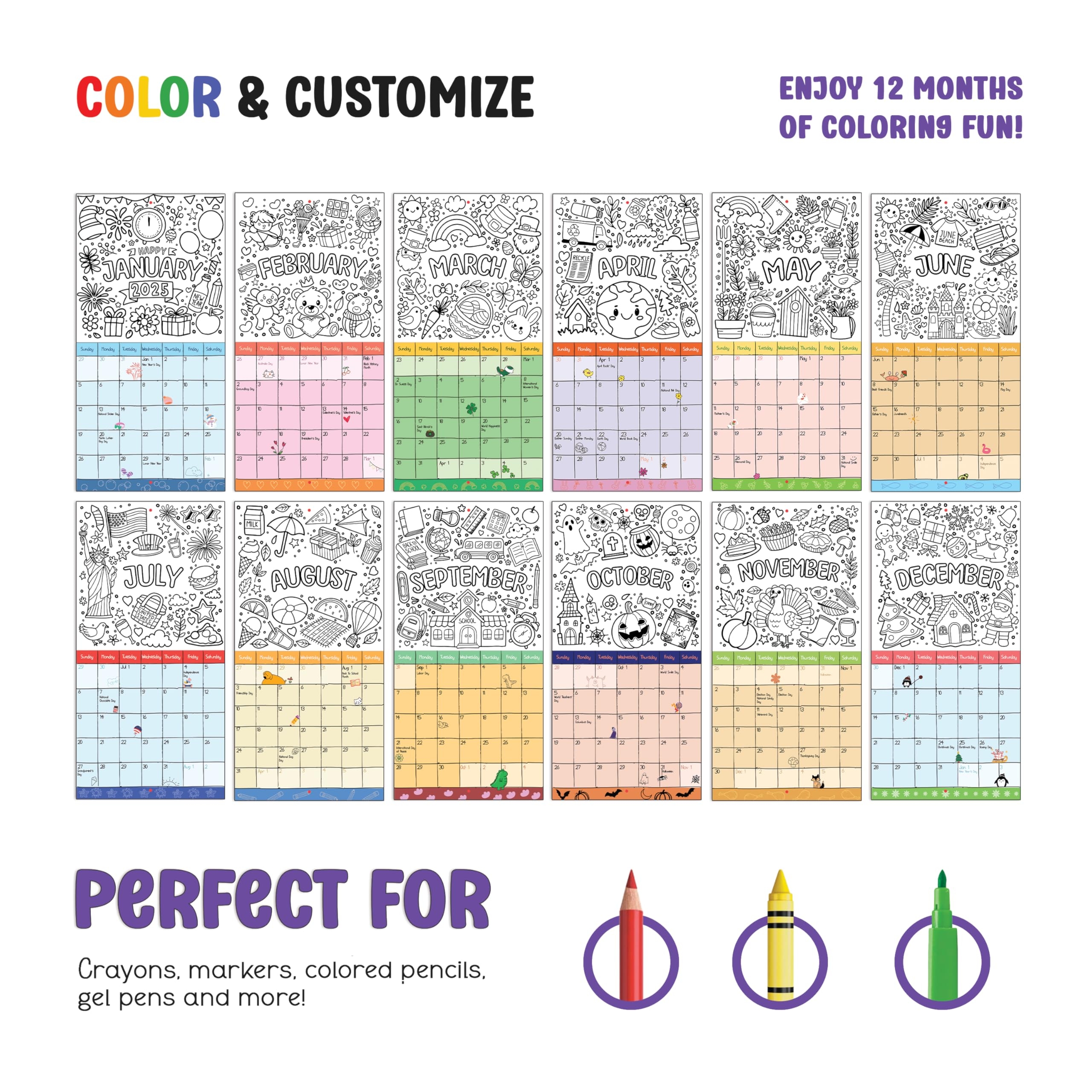 Amazon Kids Calendar 2025 Fun Coloring Wall Calendar For Kids With 200 Stickers 12 Month Activity Calendar For Learning U0026 Home Office 