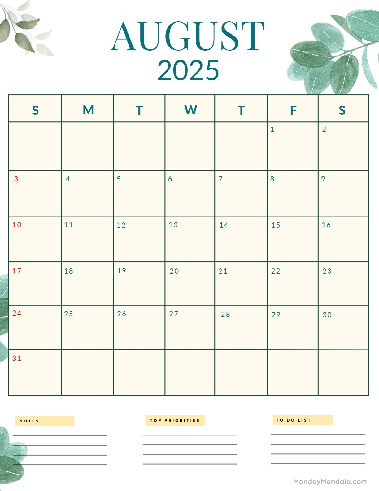 Portrait August 2025 Calendar