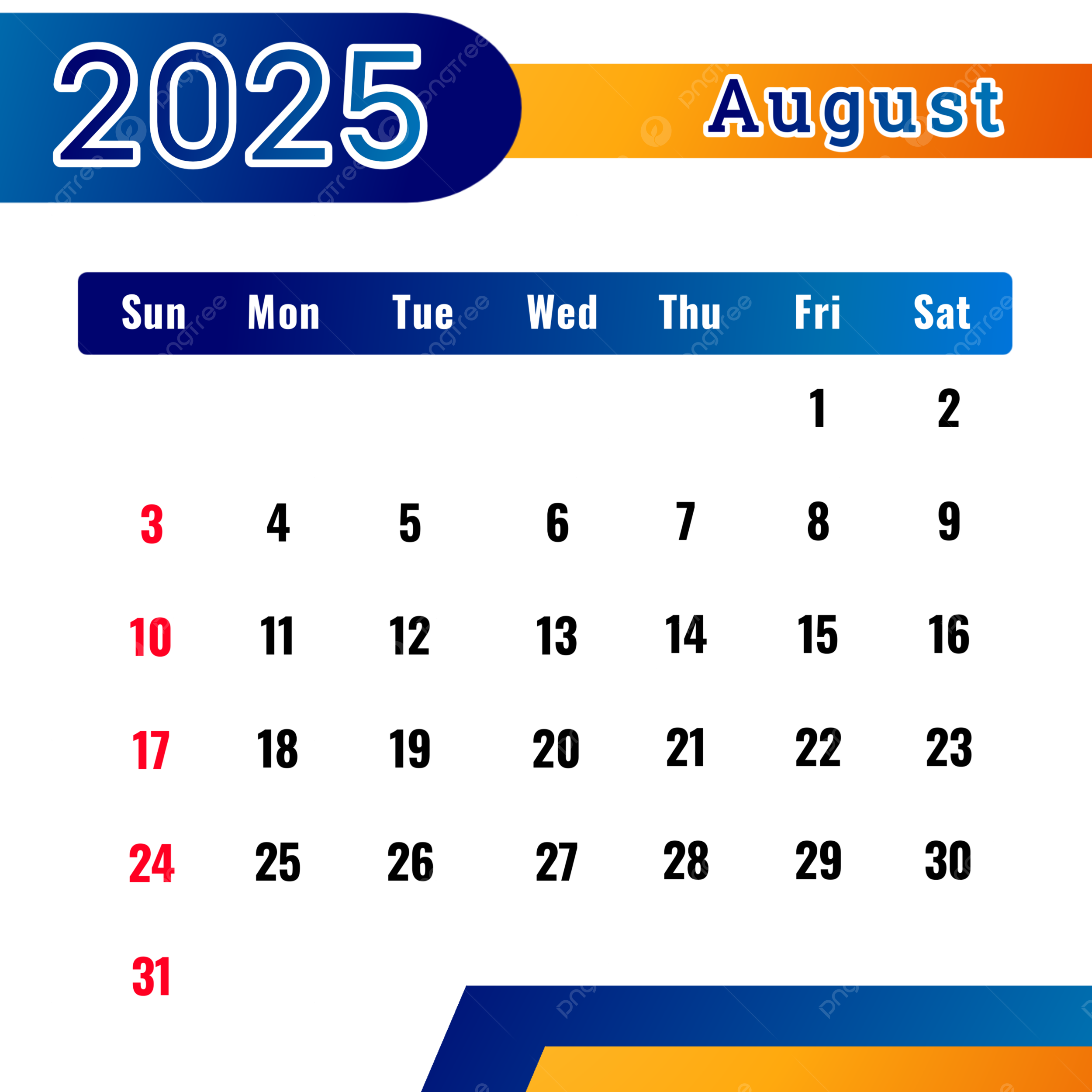 August 2025 Calendar August 2025 Calendar PNG Transparent Clipart Image And PSD File For Free Download