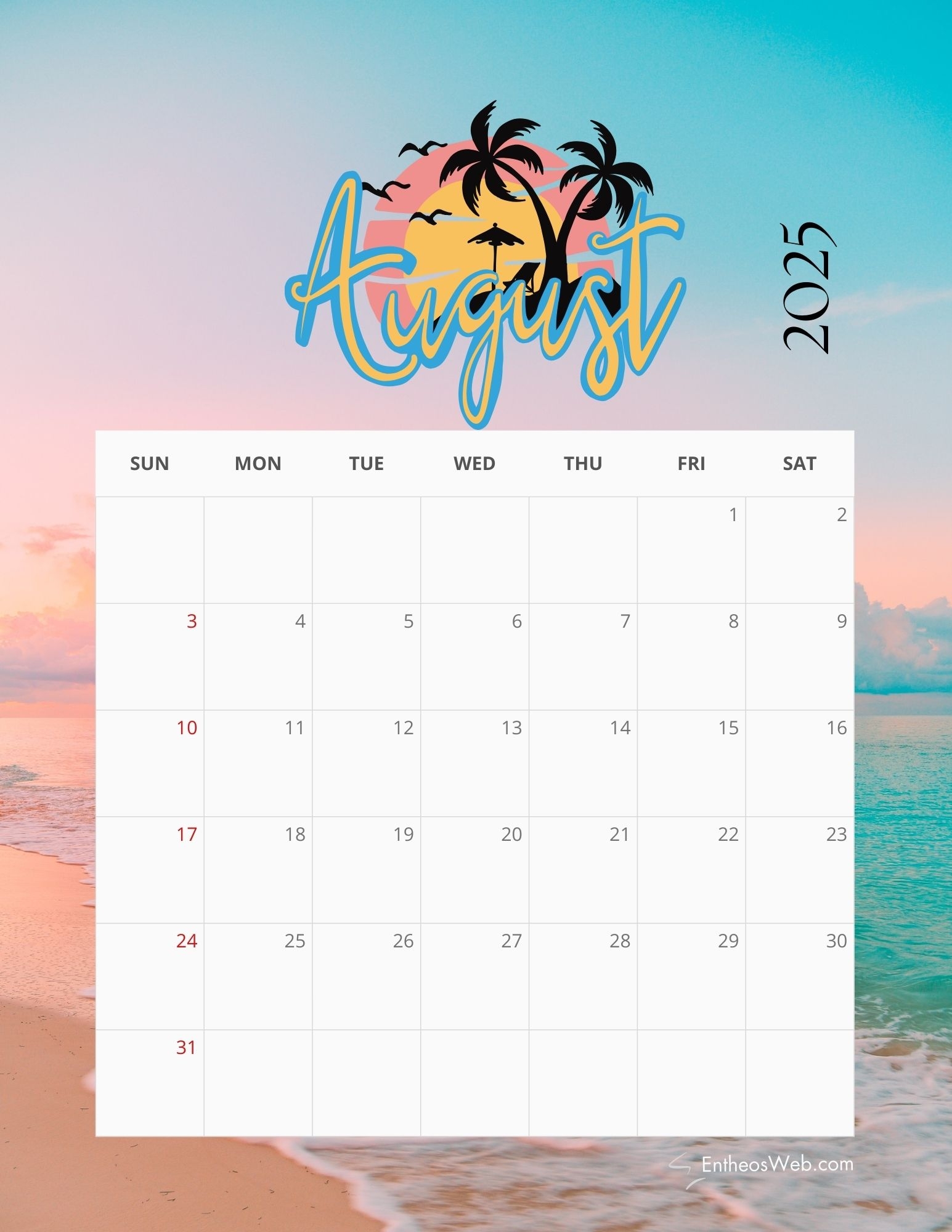 Free August Printable Calendar 2025