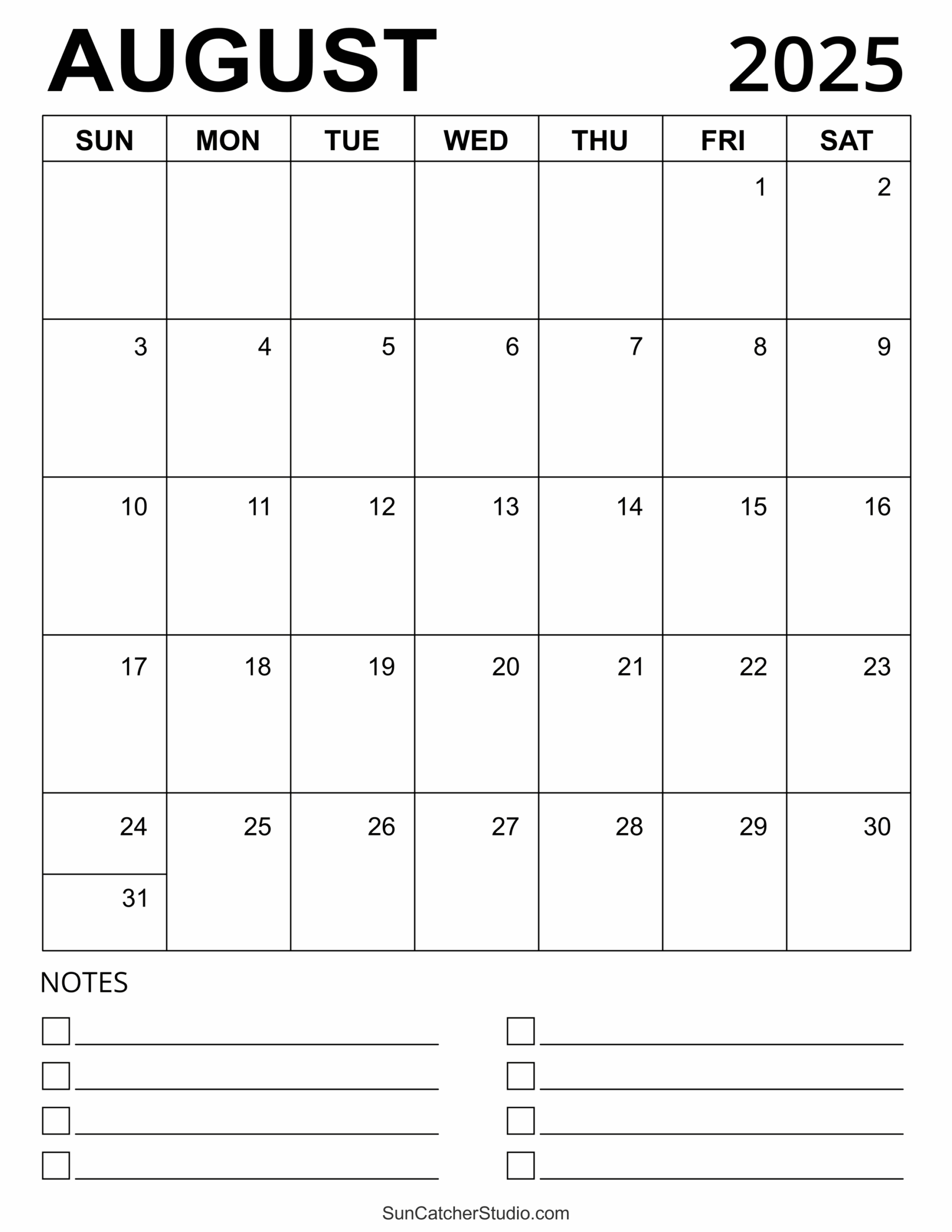 Calendar Month August 2025 Printable