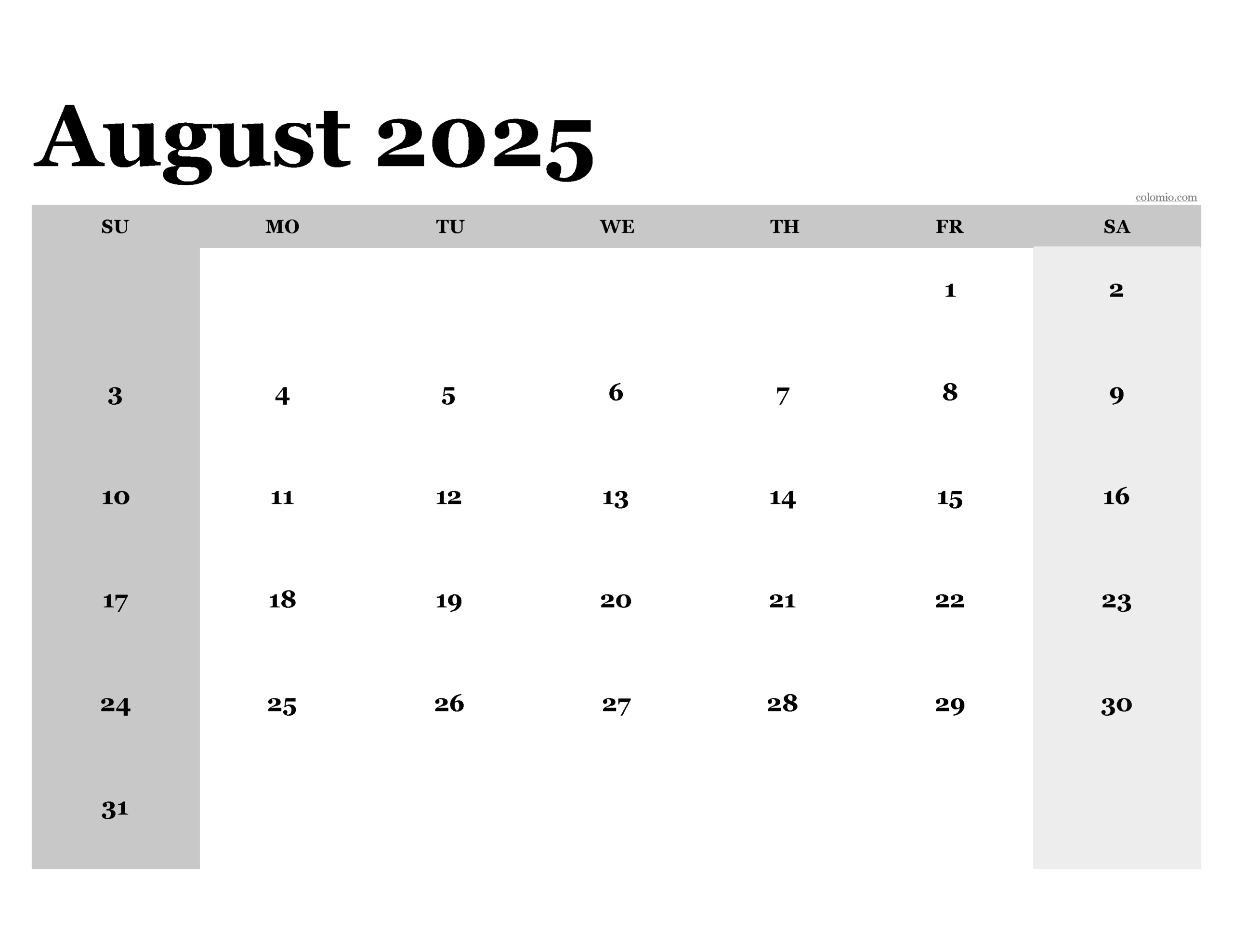 August 2025 Calendar Template Excel