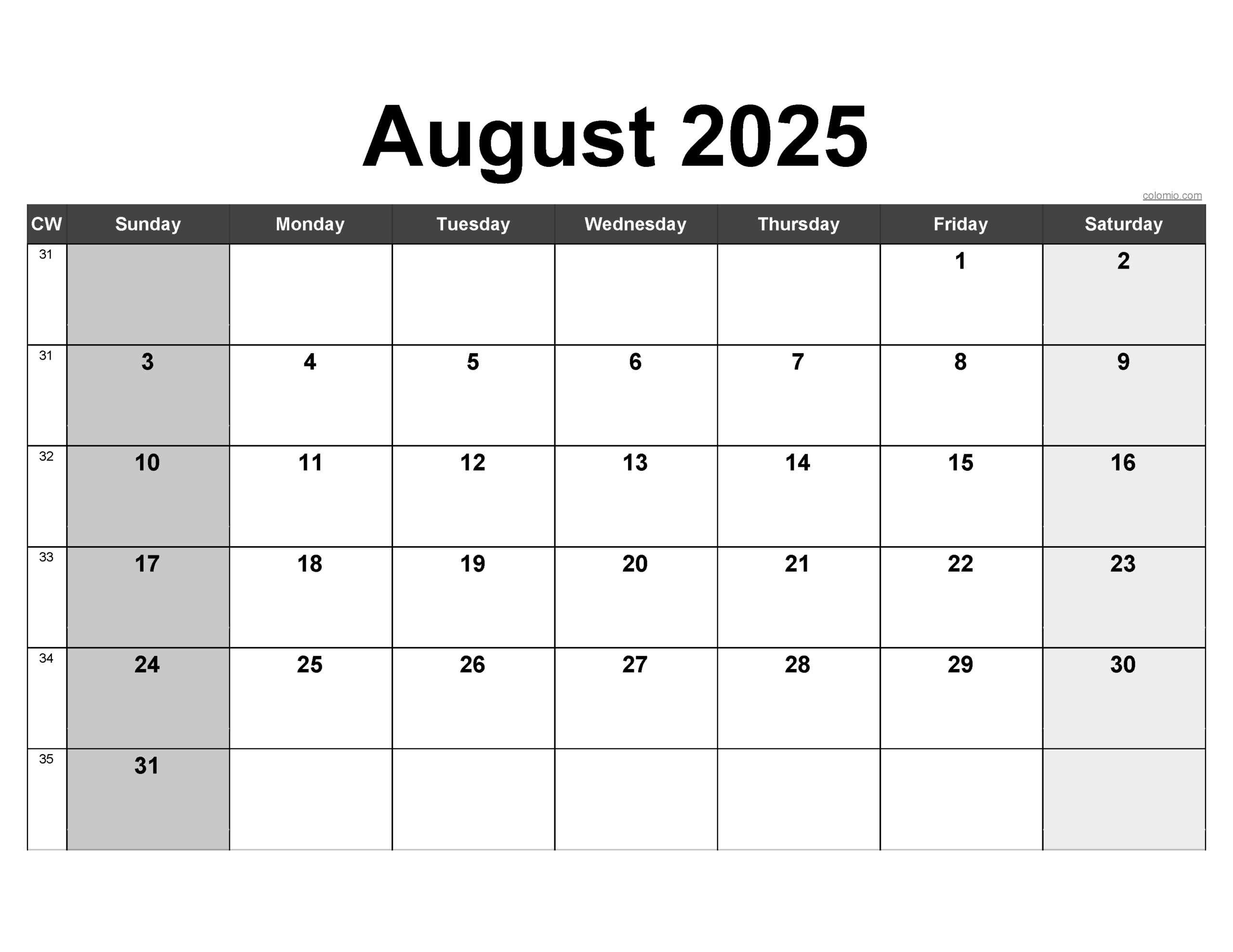 2025 August Calendar Excel