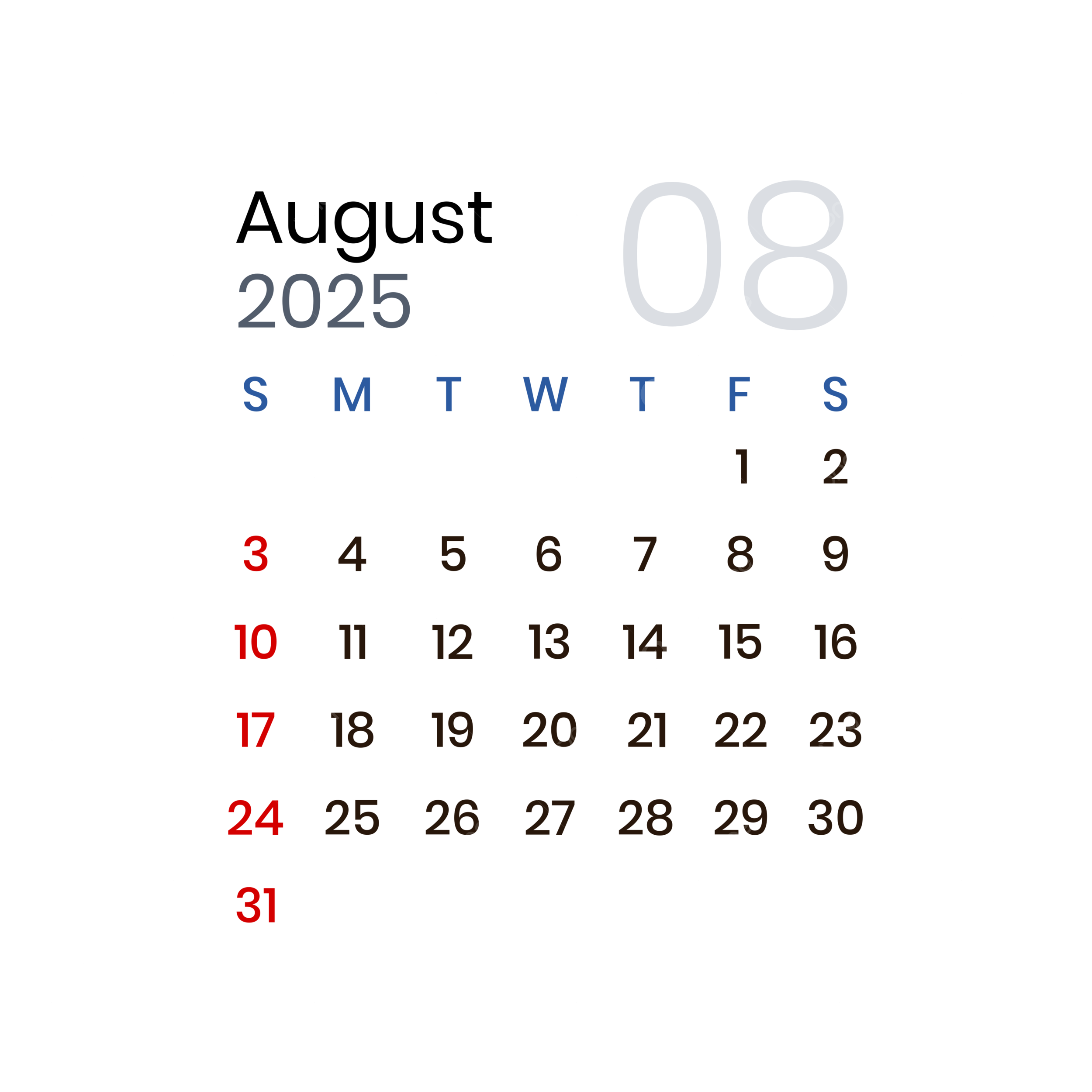 August 2025 Calendar Png Transparent
