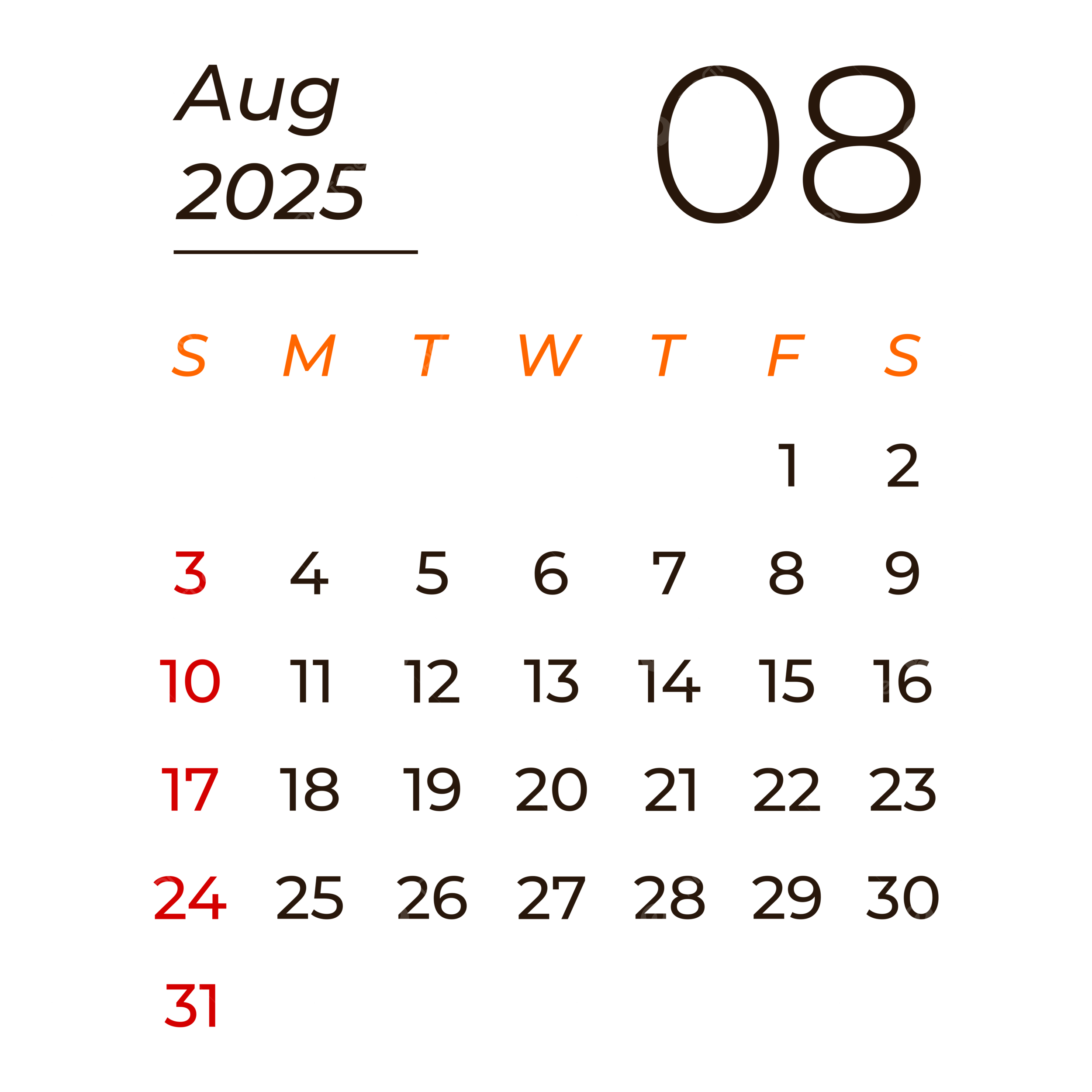 August 2025 Calendar PNG Transparent Images Free Download Vector 