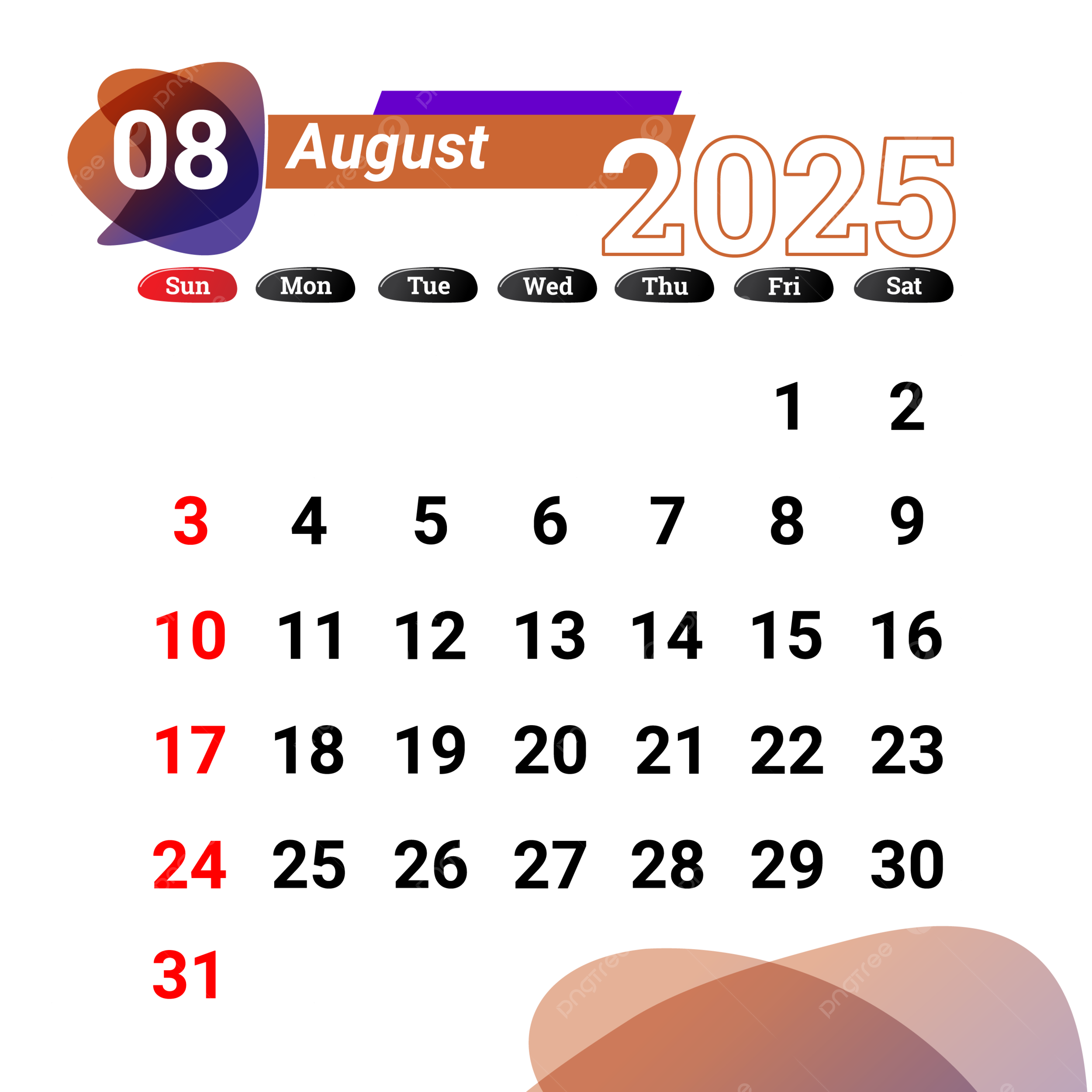 August 2025 Calendar PNG Transparent Images Free Download Vector Files Pngtree