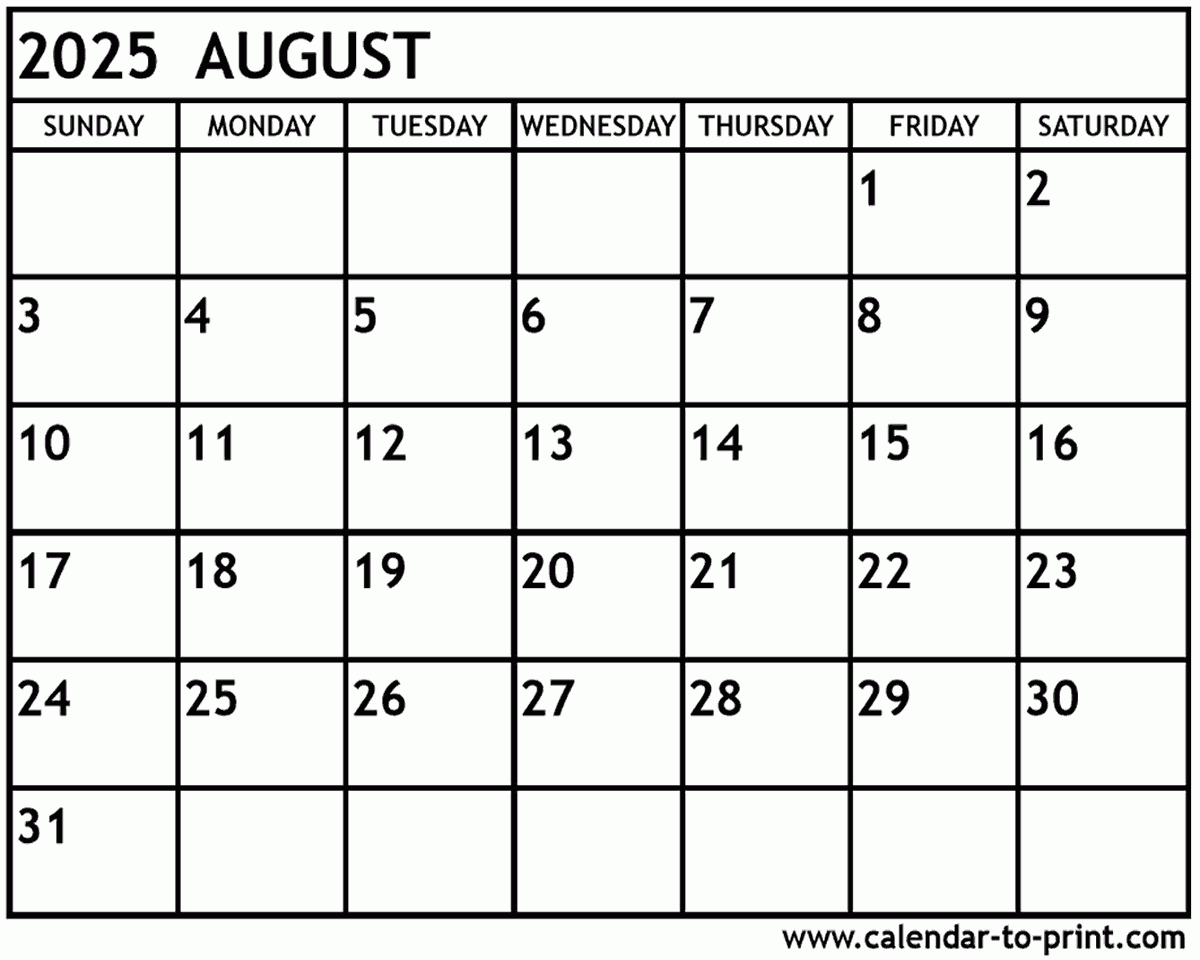 August Calendar 2025 Fillable