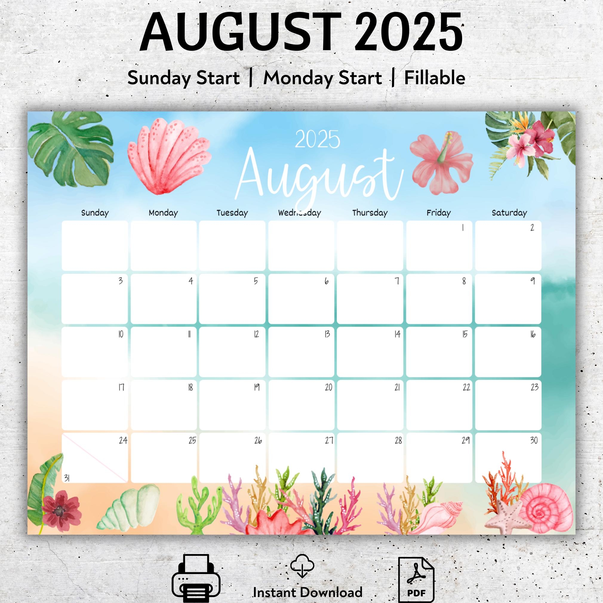 August 2025 Calendar Printable Beach Theme Monthly Planner Editable PDF Template Sunday Or Monday Start Instant Download Etsy Hong Kong