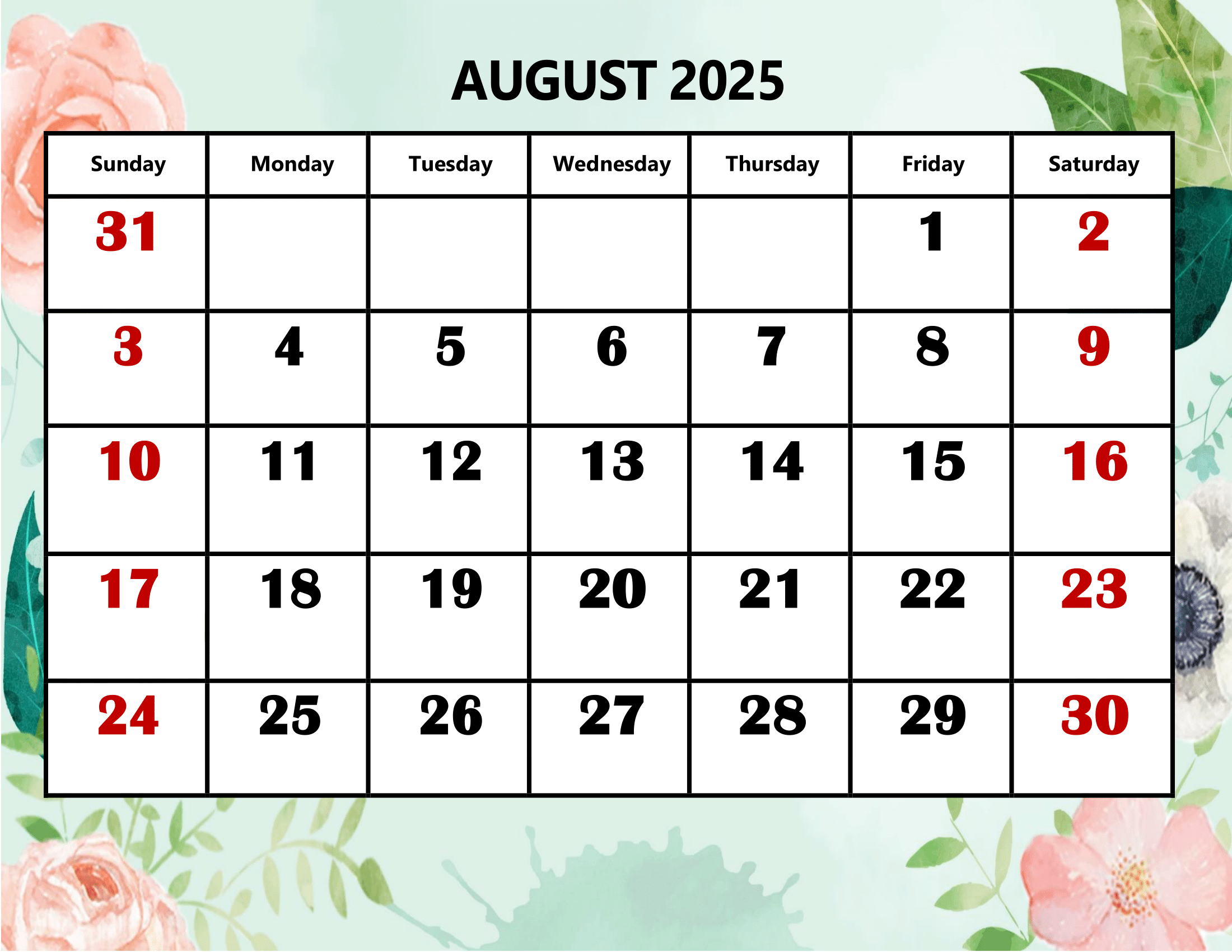 Birthday Calendar August 2025