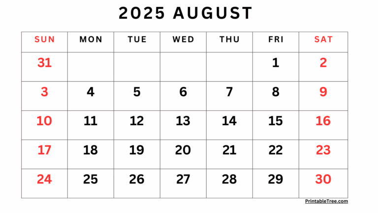 August 2025 Calendar Printable PDF Template With Holidays