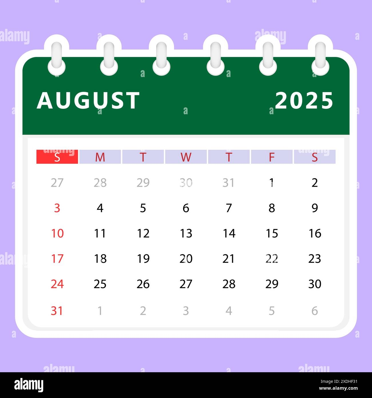 August 2025 Calendar Sunday Start Vector Design Stock Vector 
