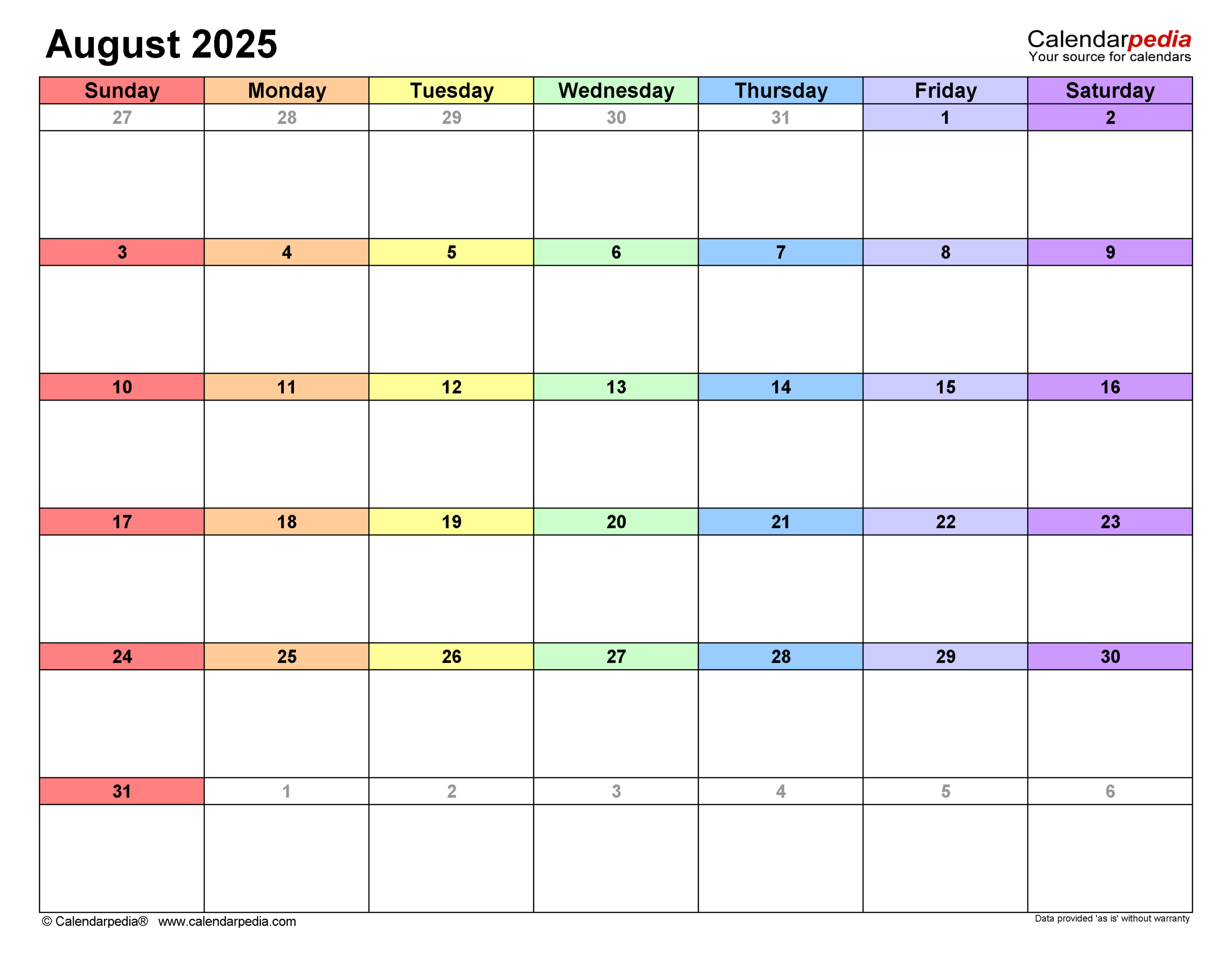 Fillable Calendar 2025 August