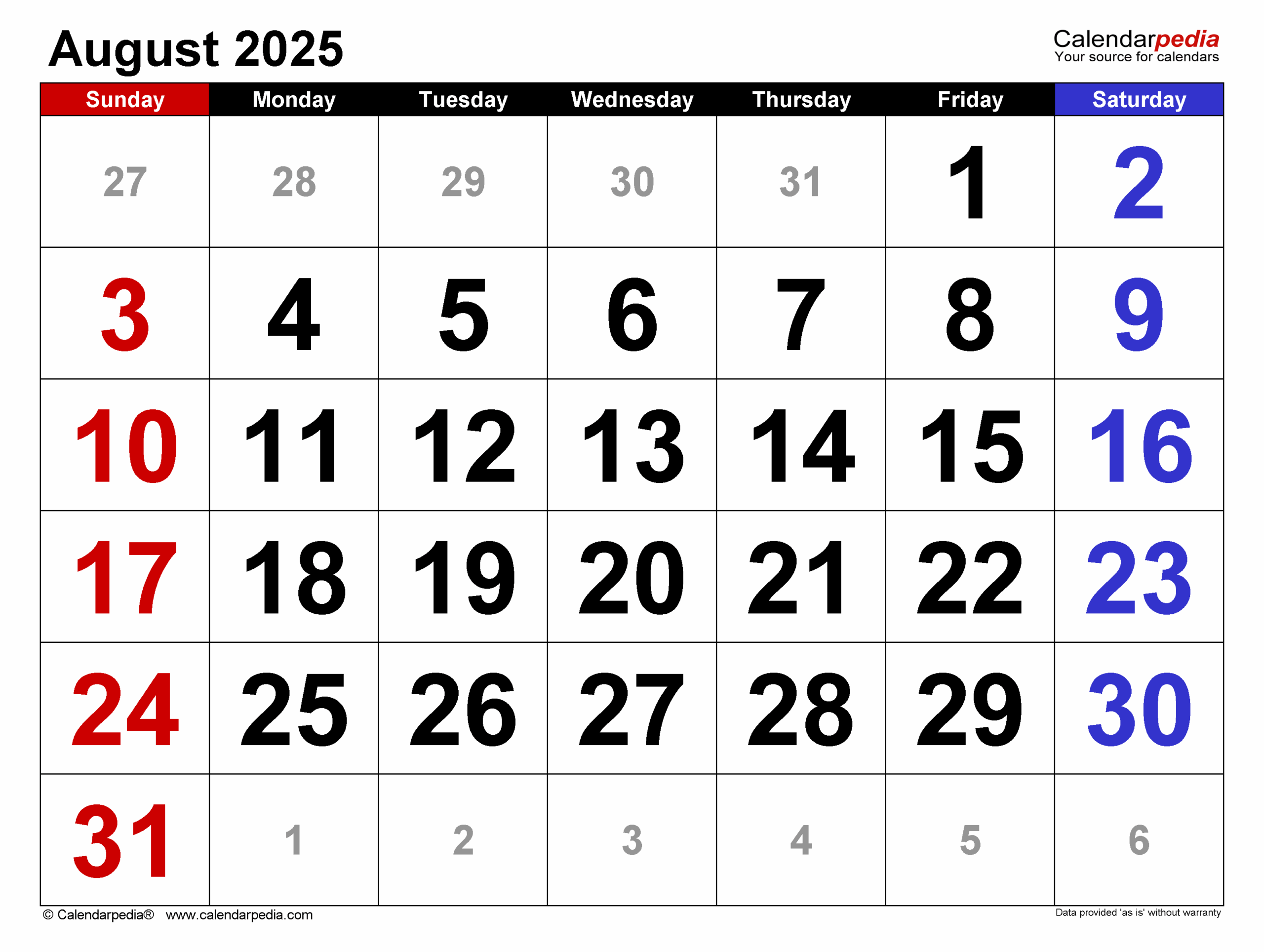 Calendar 2025 August With Holidays