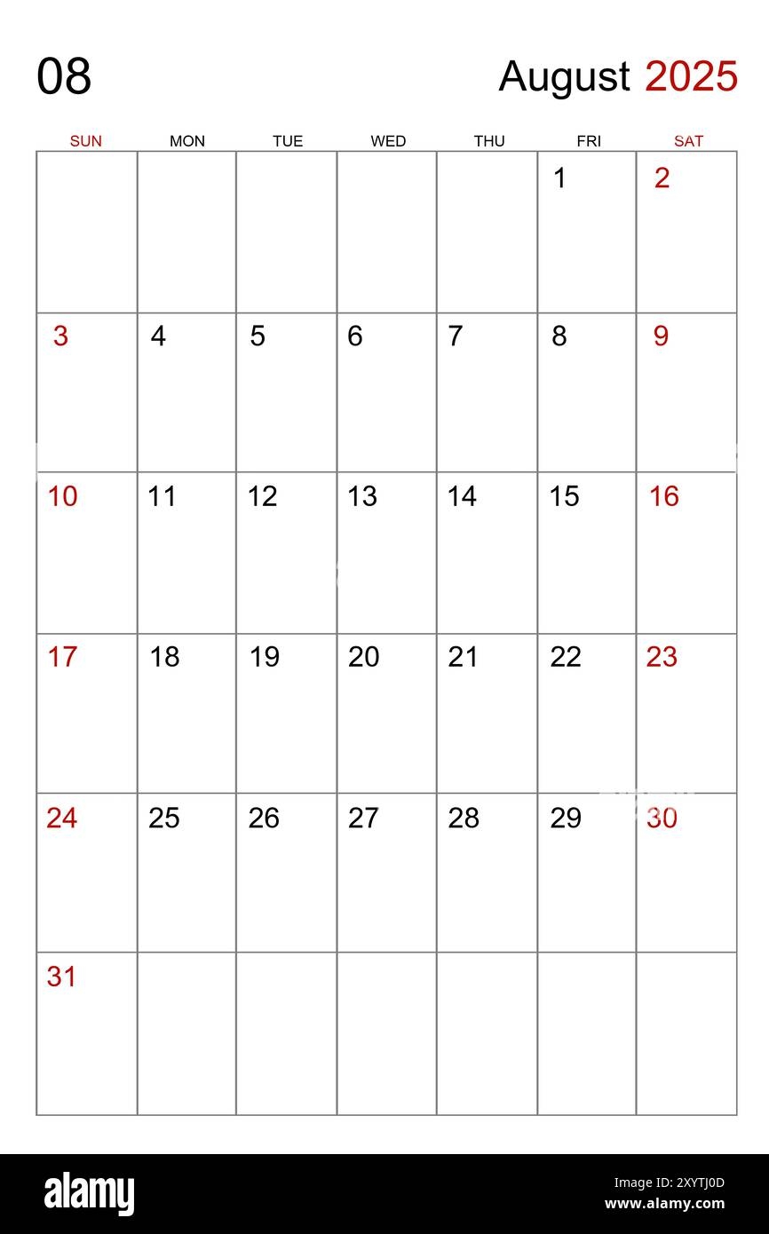 August 2025 Calendar Vertical Template On White Background Stock 