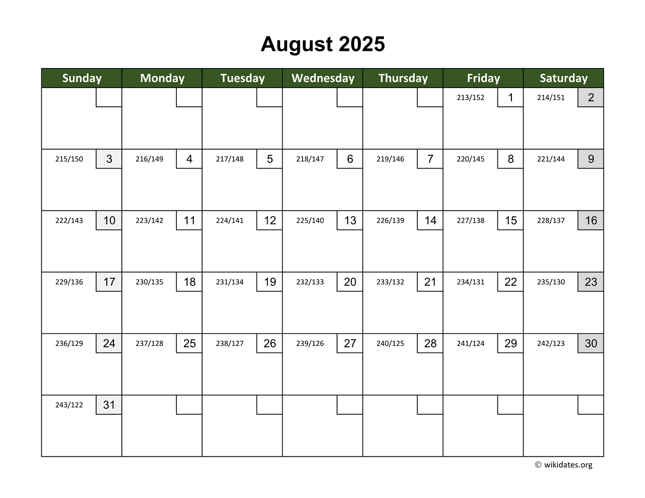 August 2025 Calendar With Day Numbers WikiDates