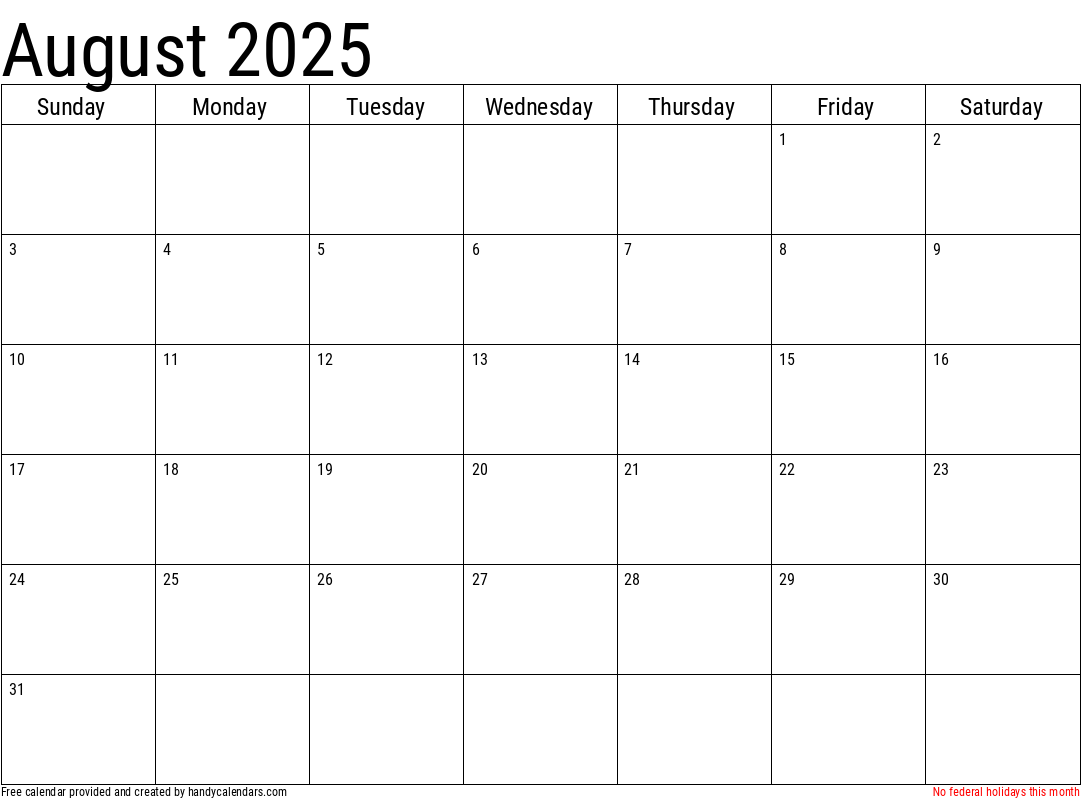 August 2025 Calendar With Holidays Handy Calendars