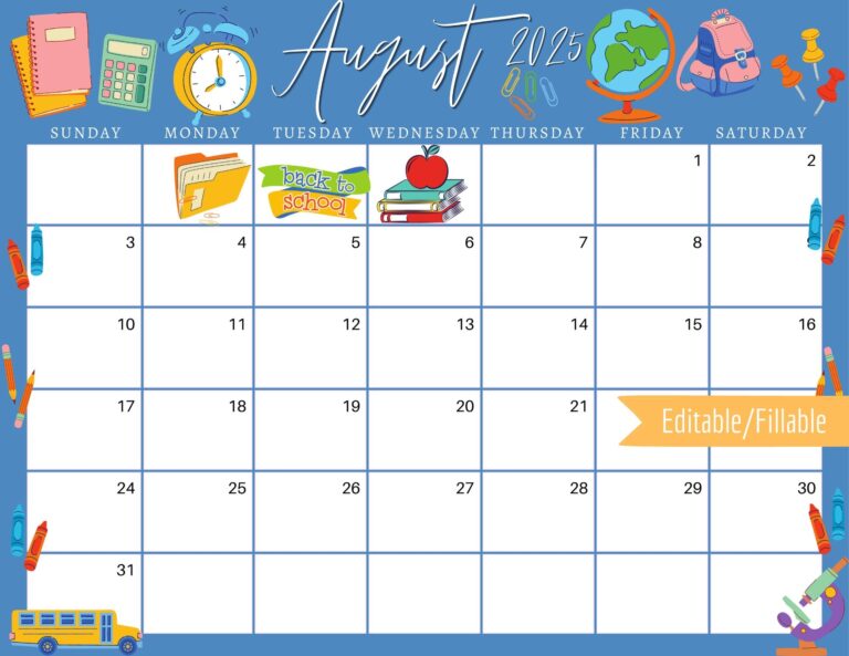 August 2025 Digital Calendar Back To School Planner Editable 