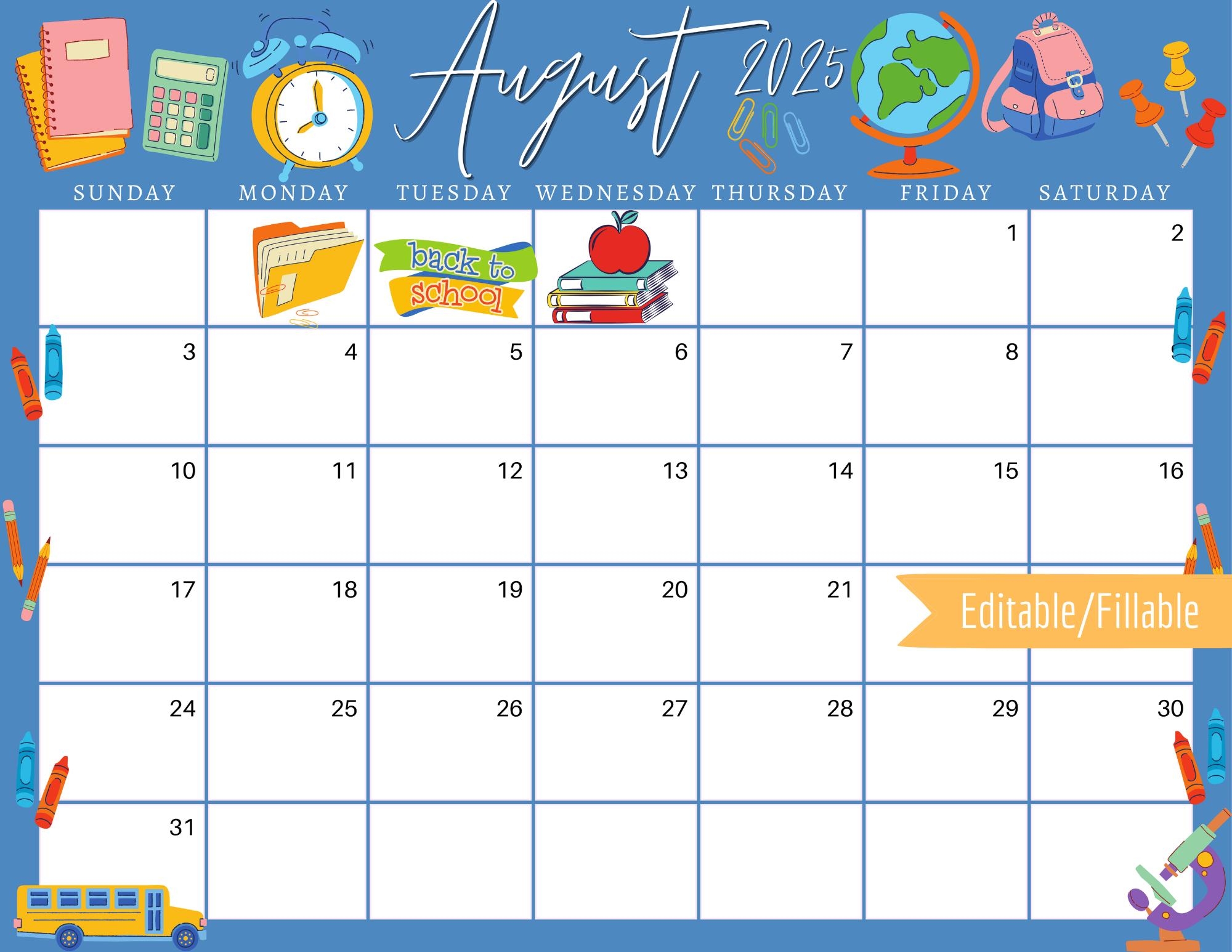August 2025 Digital Calendar Back To School Planner Editable 
