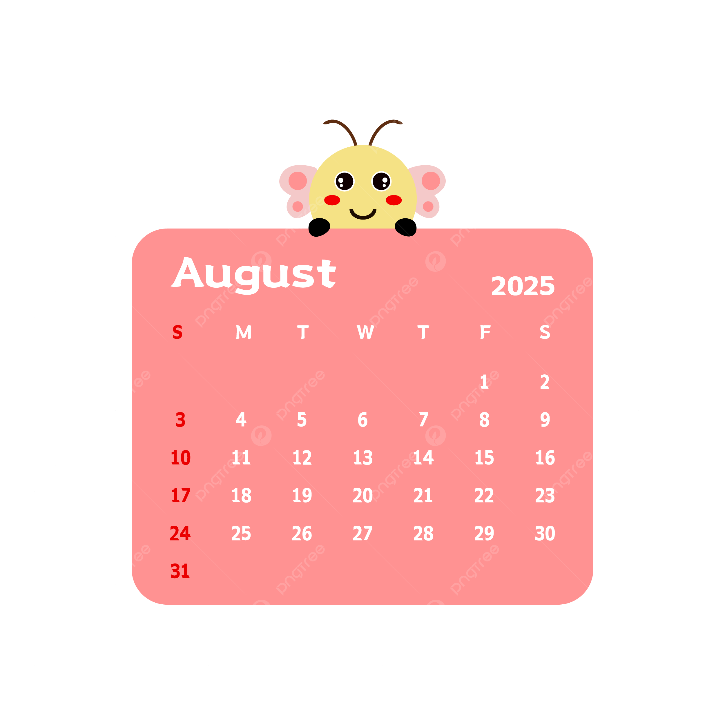 August 2025 Monthly Calendar With Cartoon Butterfly Vector Calendar August 2025 Butterfly Cartoon PNG And Vector With Transparent Background For Free Download