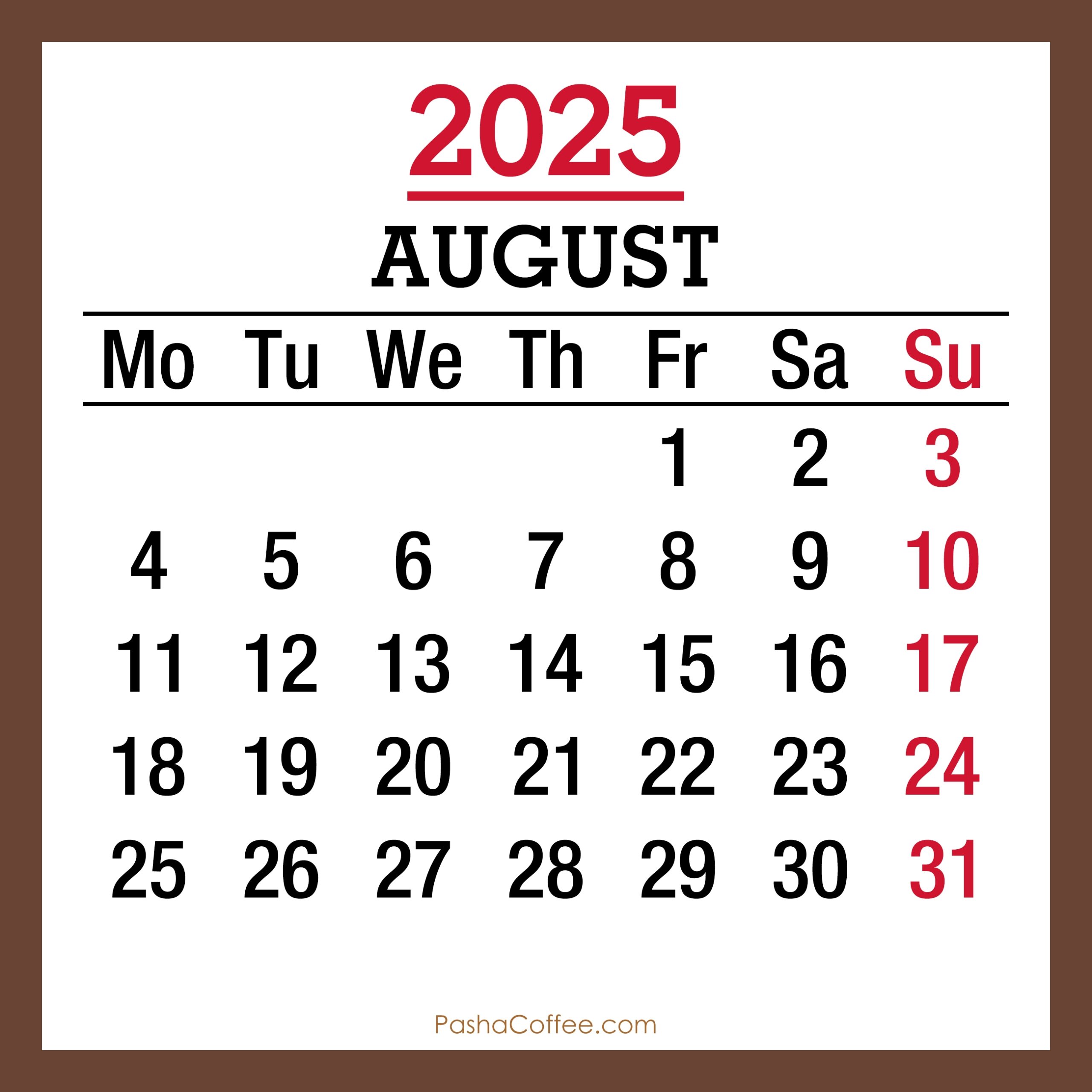 August Holidays Calendar 2025