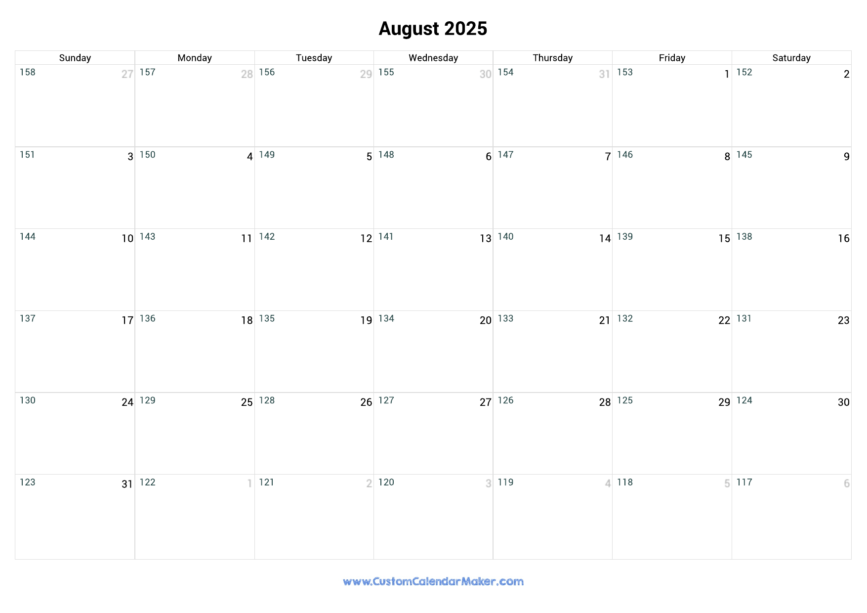 August 2025 Remaining Days Calendar Custom Calendar Maker