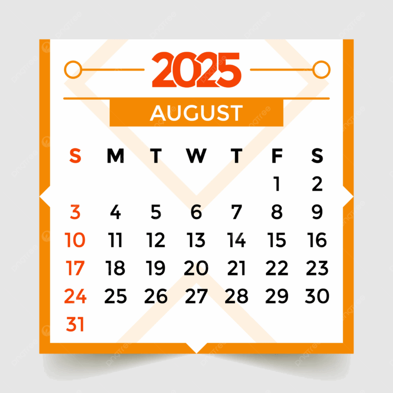 August Month 2025 Calendar Orange Vector Template Download On Pngtree