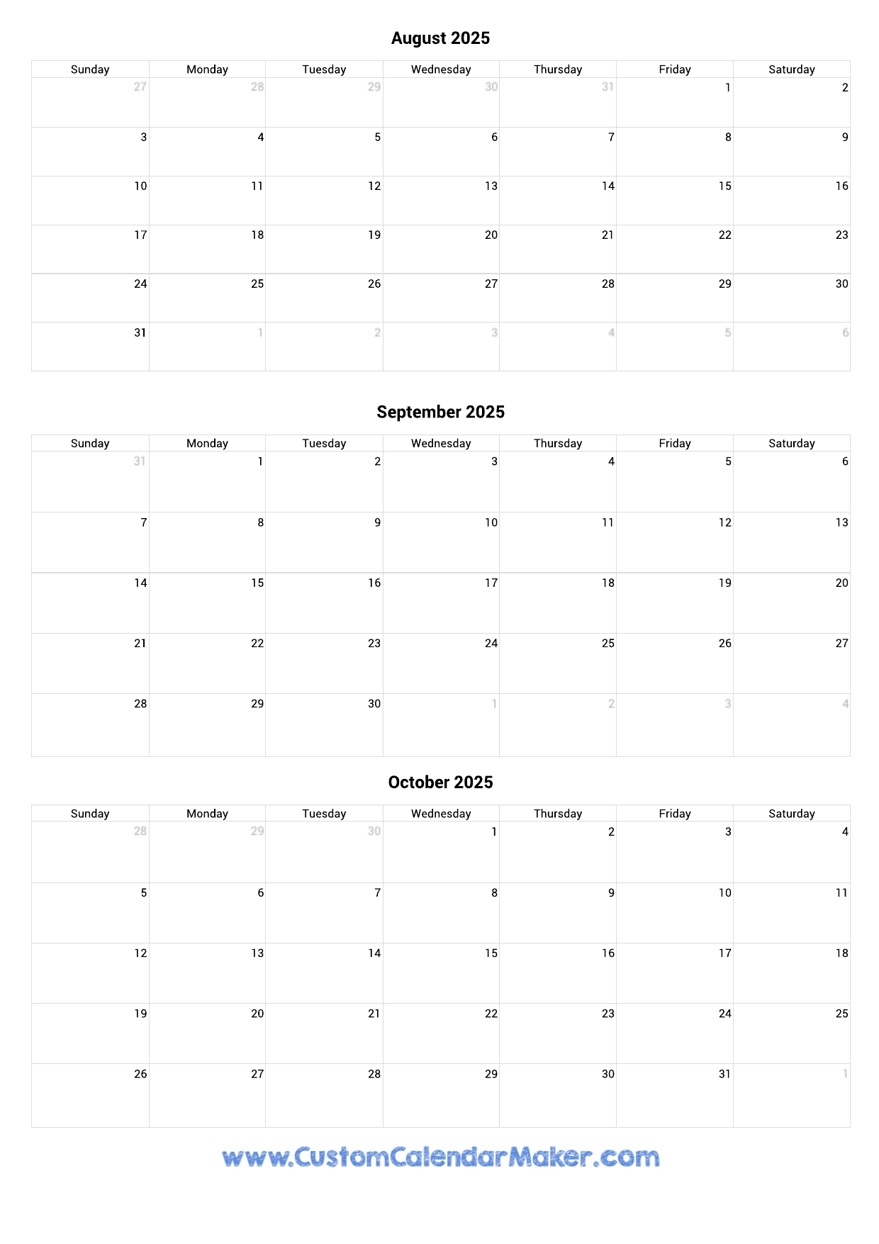2025 August September October Calendar